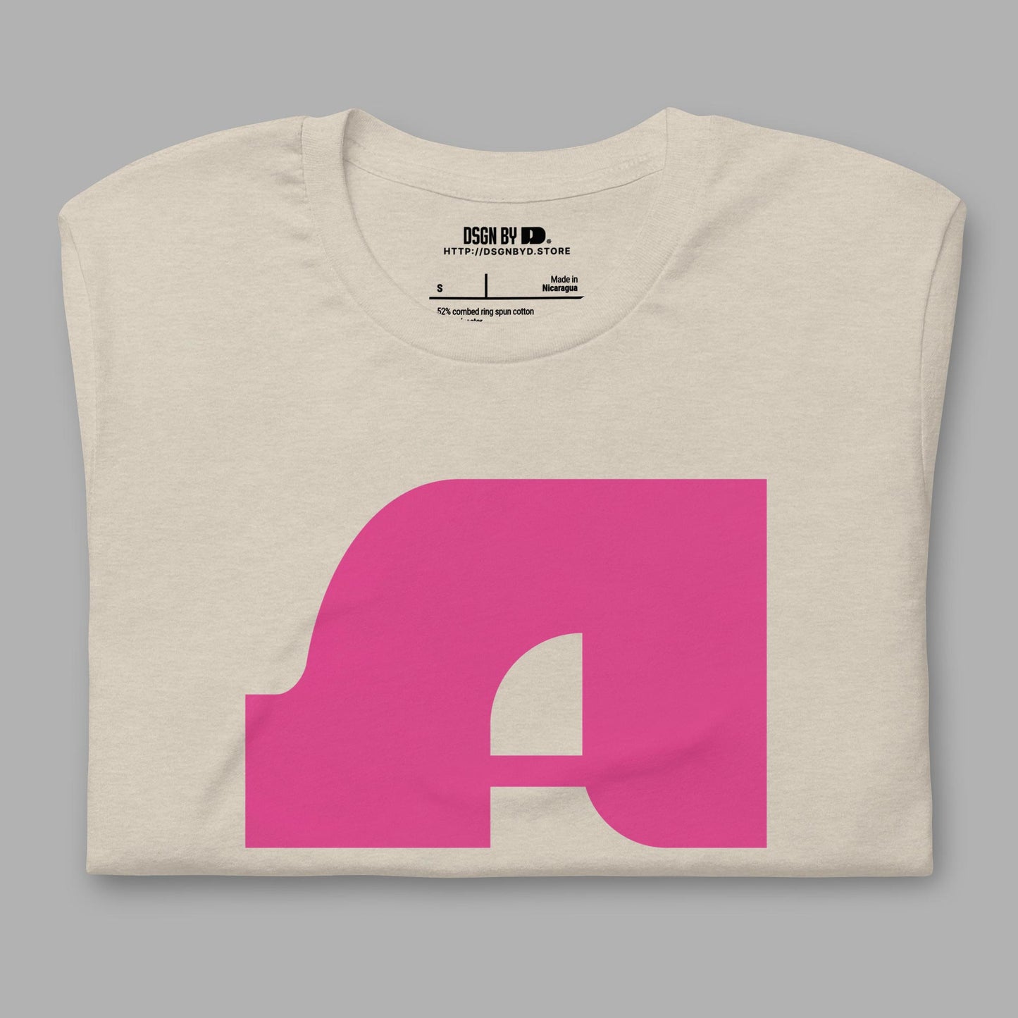 A beige cotton unisex graphic tee with letter A.