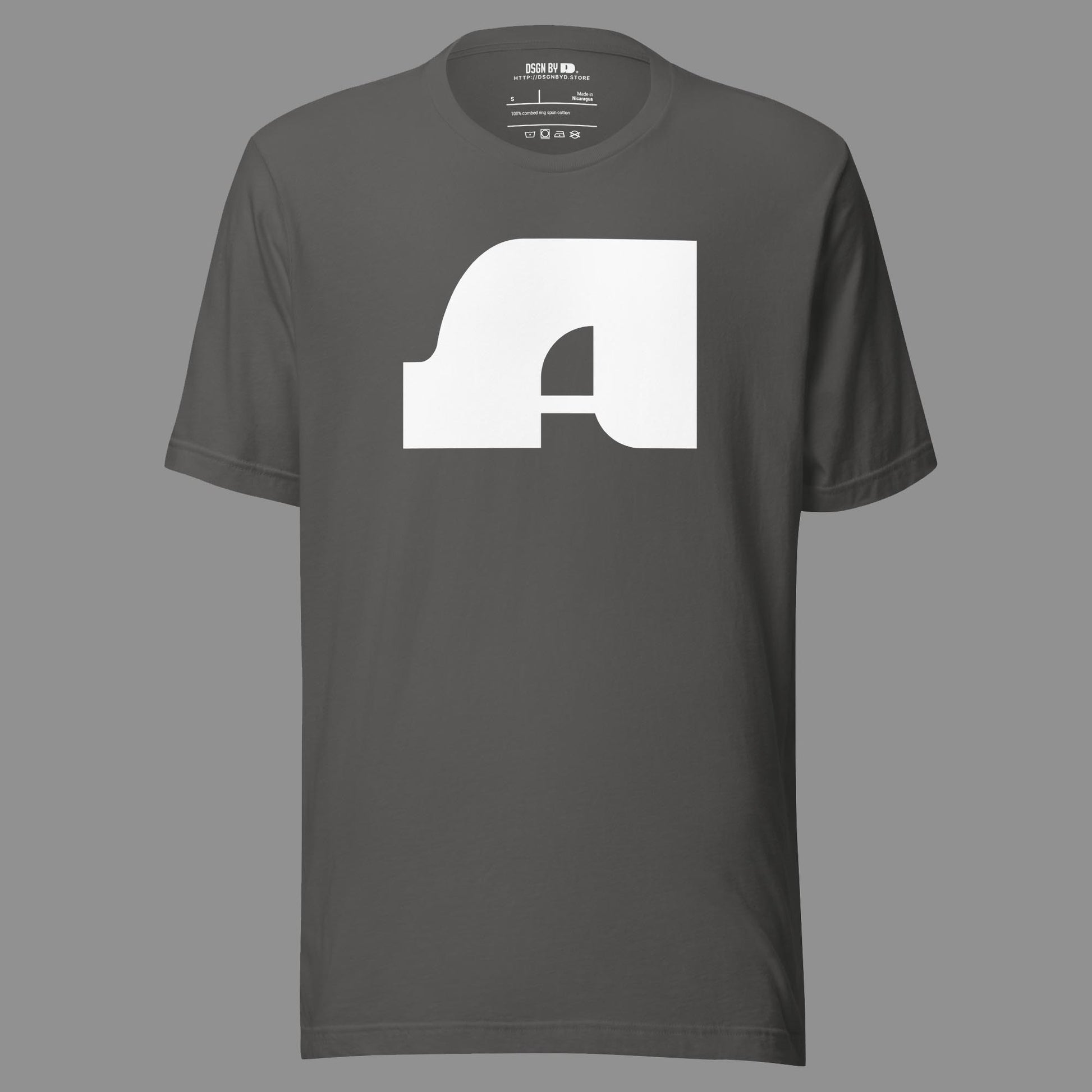 A grey cotton unisex graphic tee with letter A.