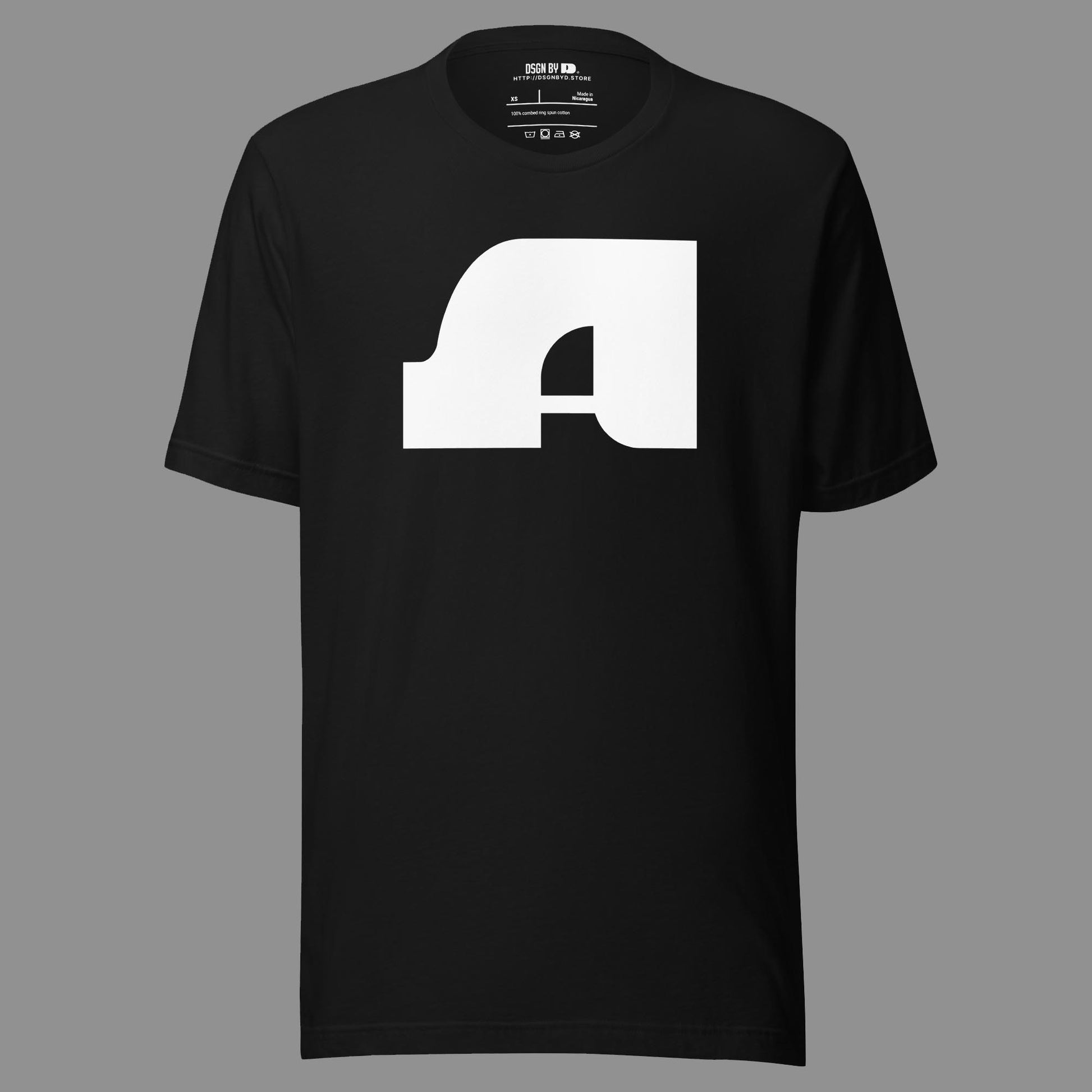 A black cotton unisex graphic tee with letter A.