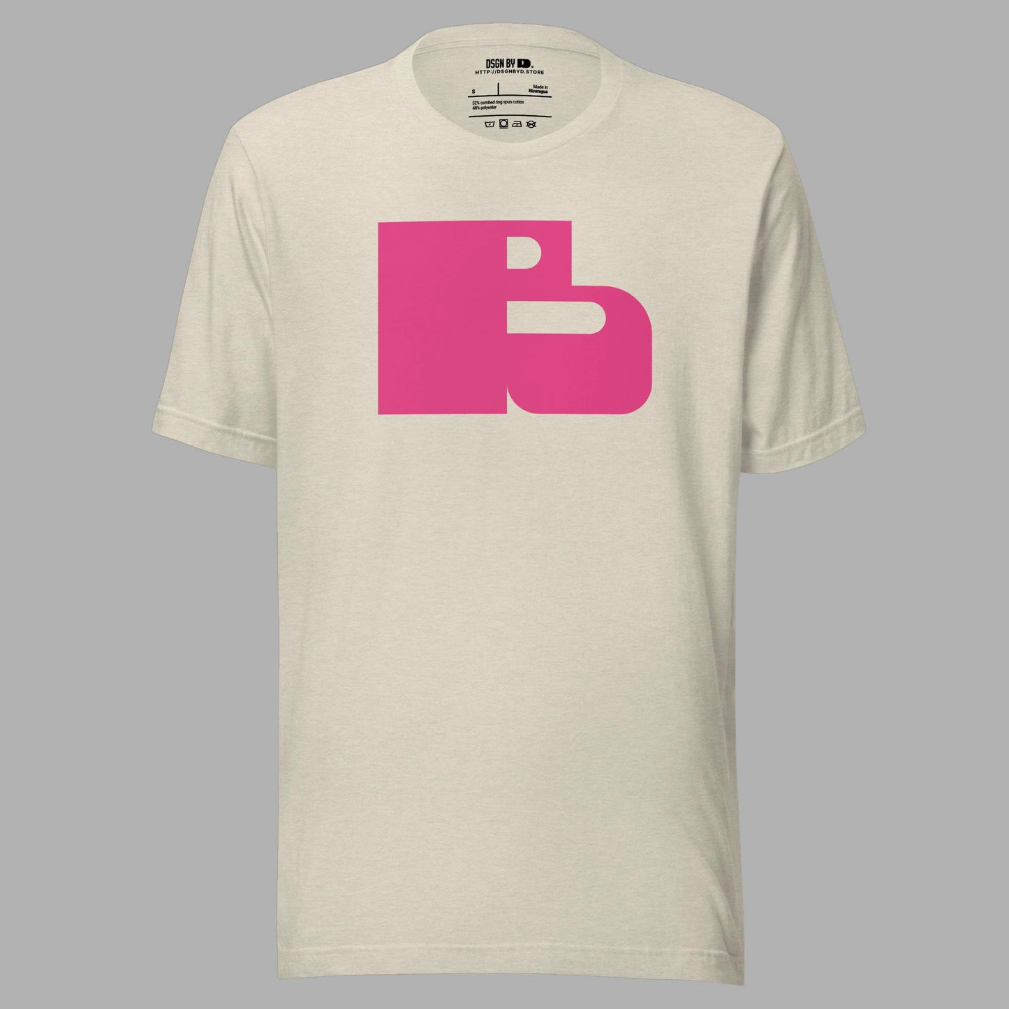 A beige cotton unisex graphic tee with letter B.