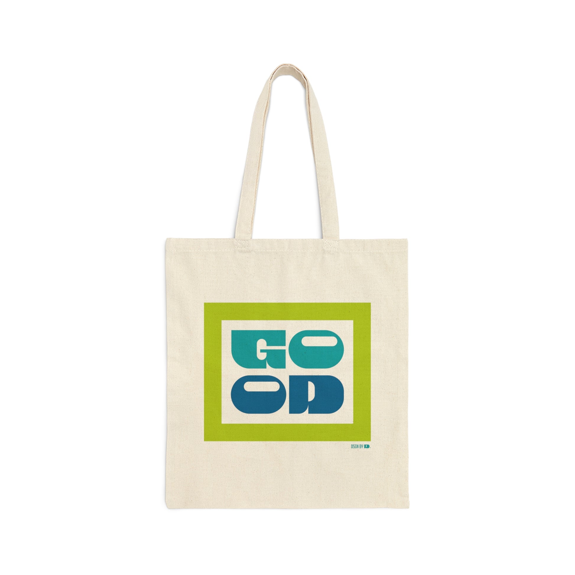 A cotton canvas tote bag with green, teal, and blue texts.