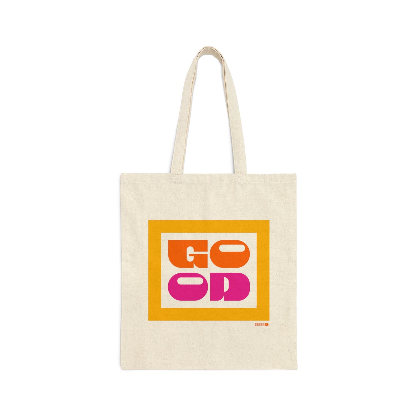 A cotton canvas tote bag with yellow, orange, and pink texts.