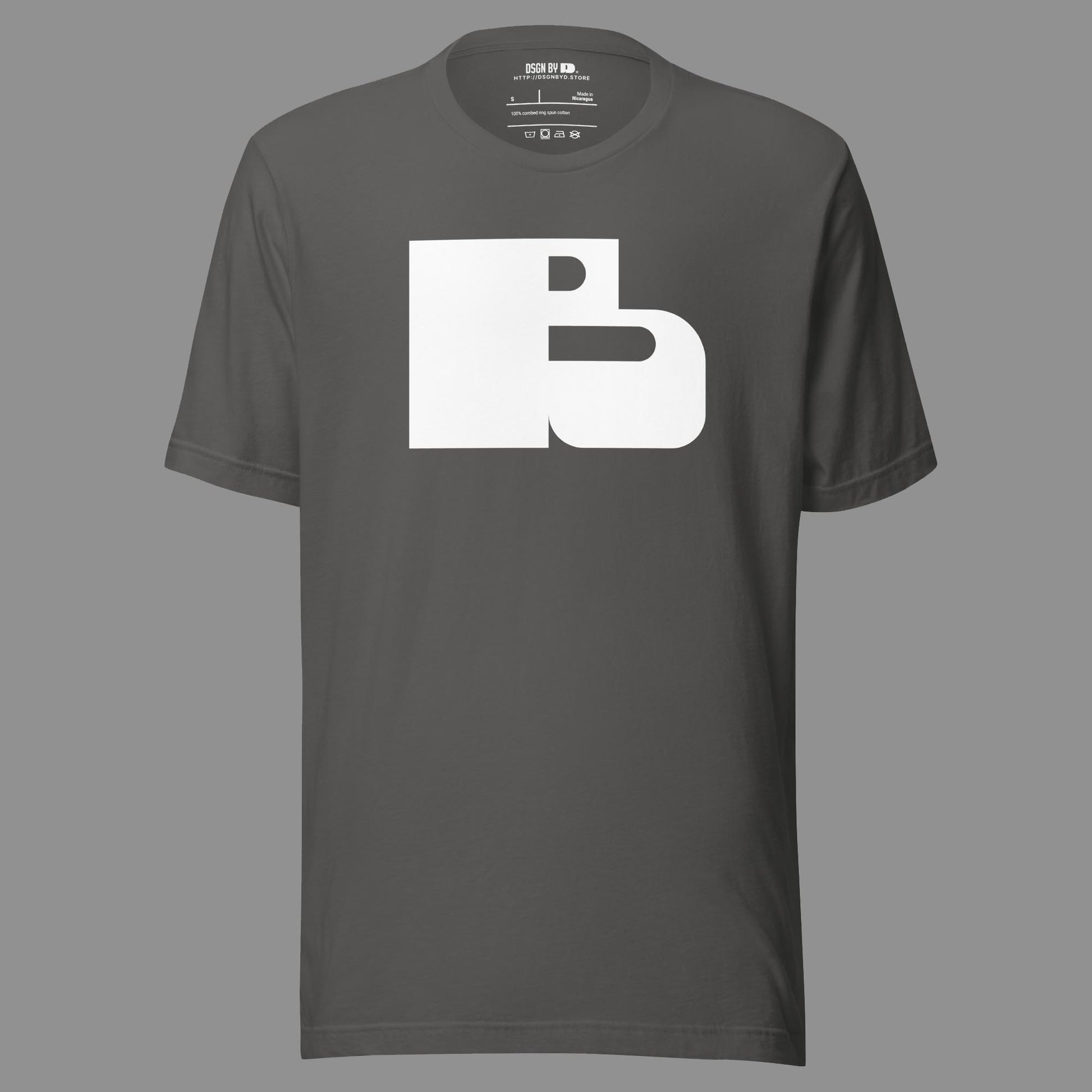 A grey cotton unisex graphic tee with letter B.