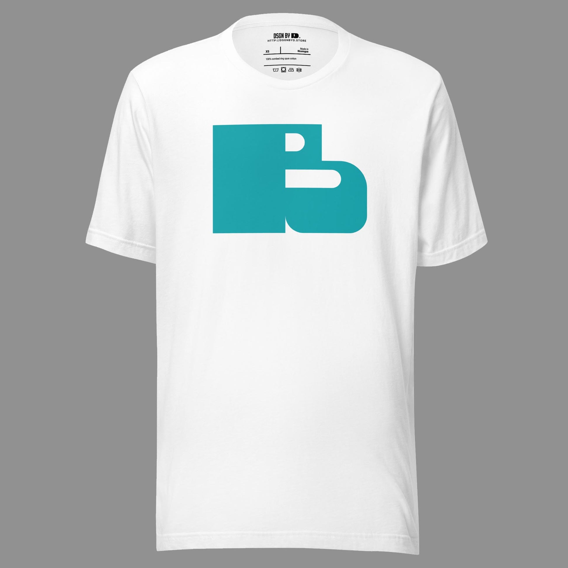 A white cotton unisex graphic tee with letter B.