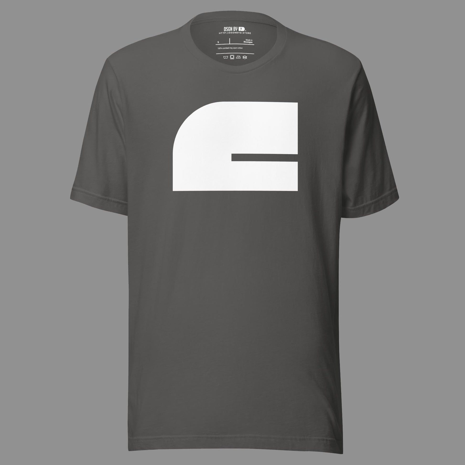 A grey cotton unisex graphic tee with letter C.