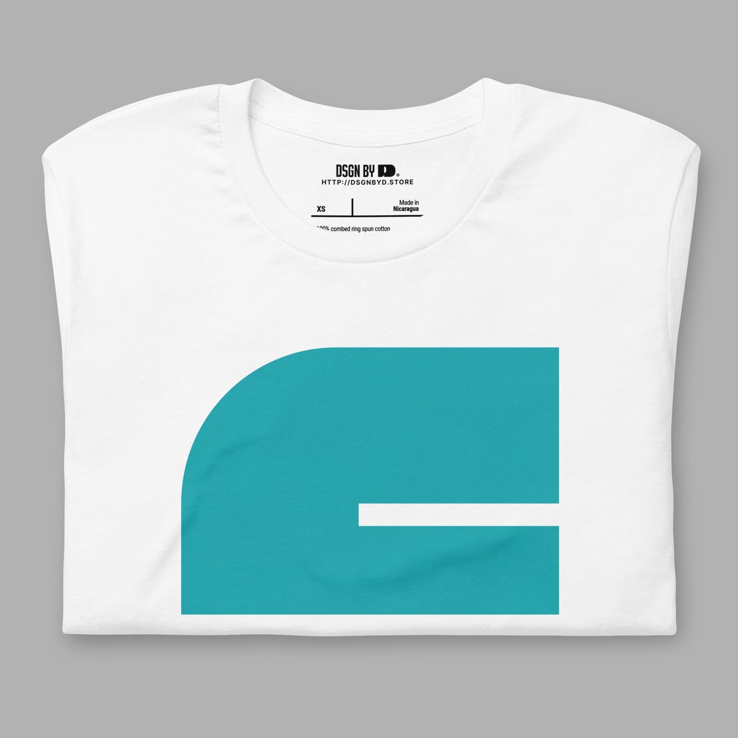 A folded white cotton unisex graphic tee with letter C.