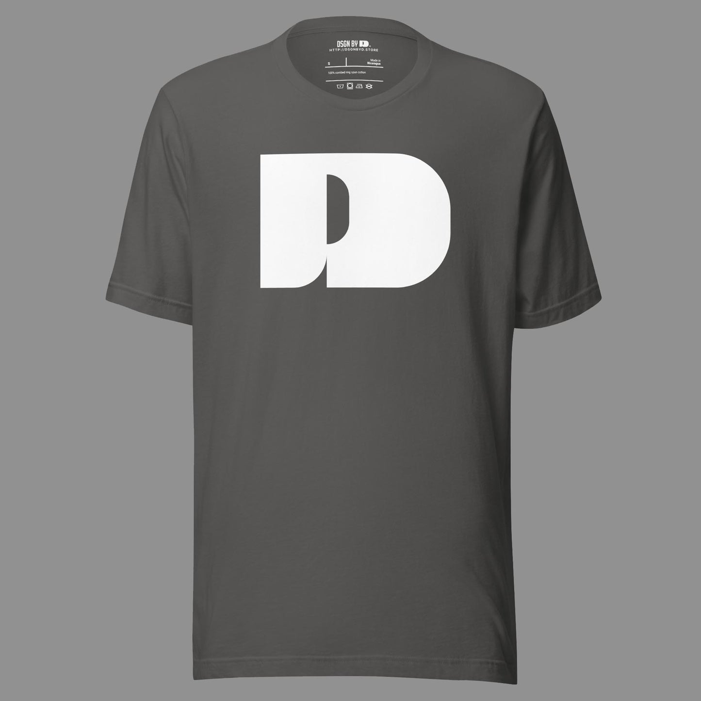 A grey cotton unisex graphic tee with letter D .