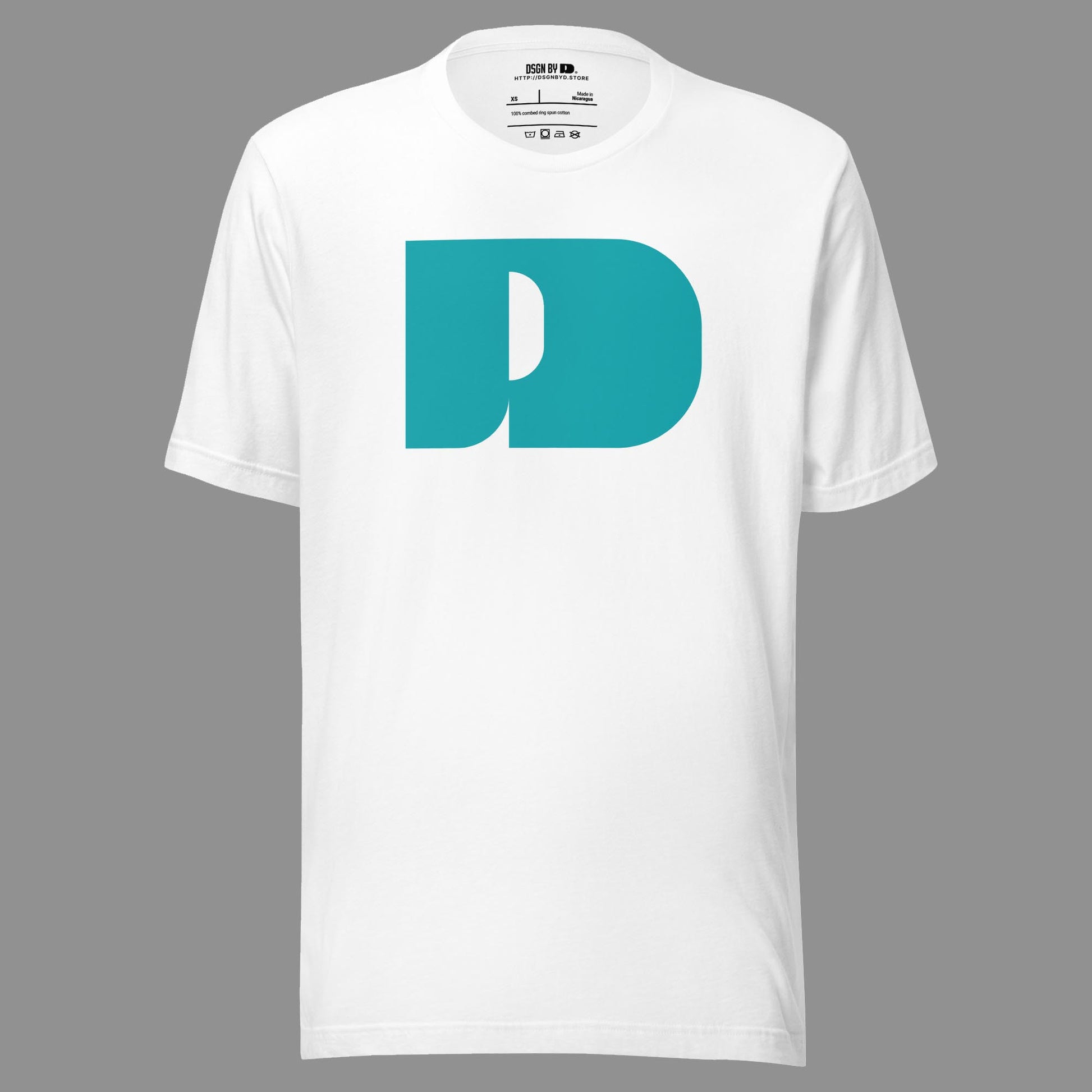 A white cotton unisex graphic tee with letter D .