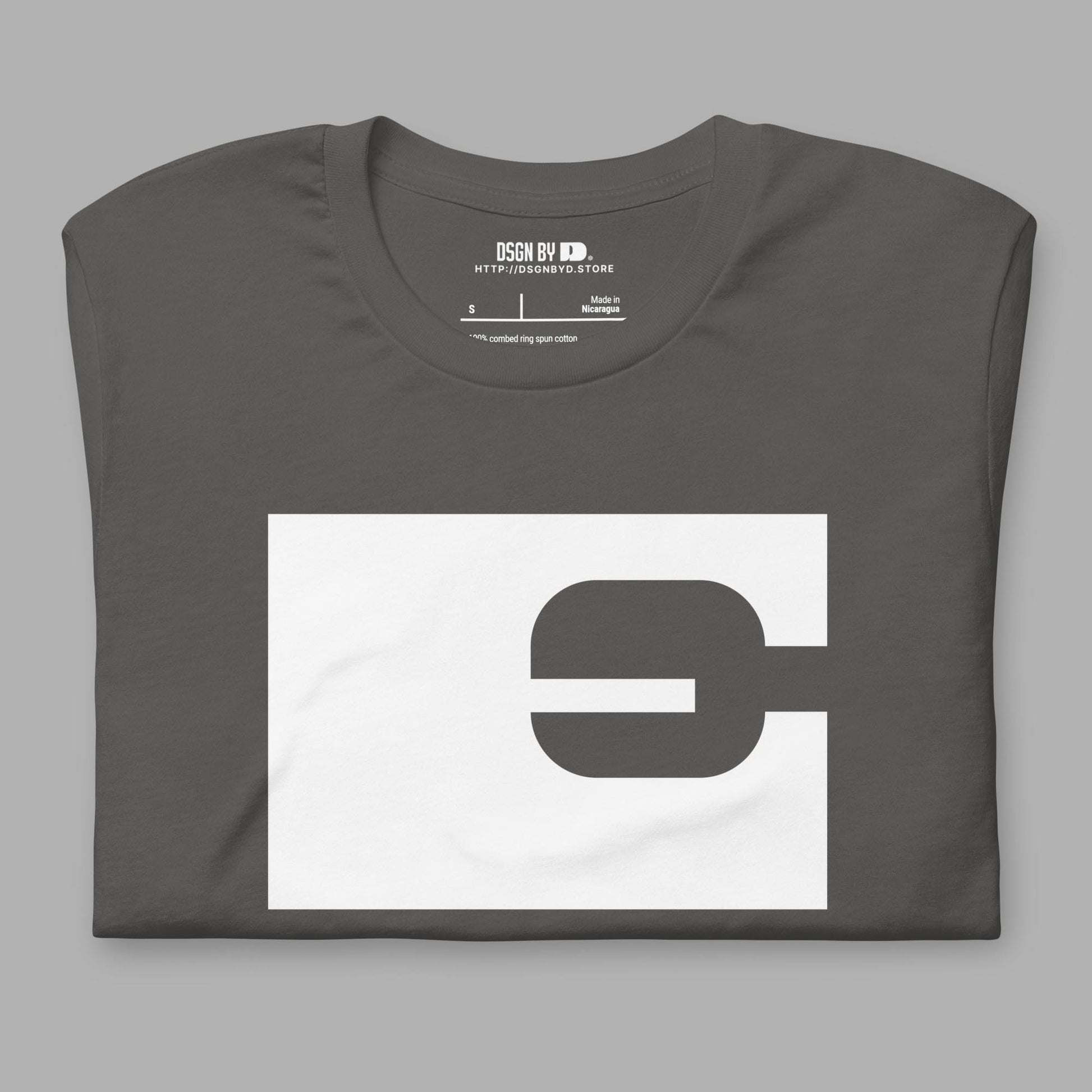 A folded grey cotton unisex graphic tee with letter E.