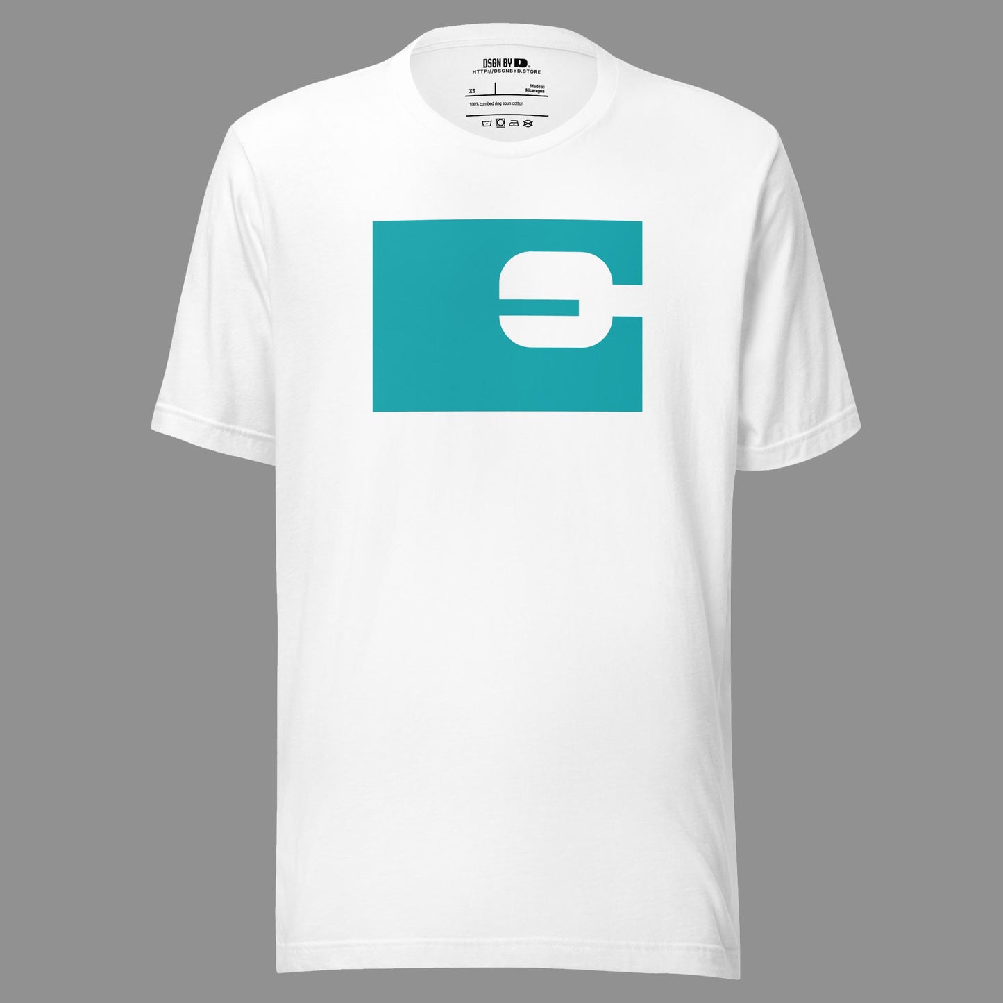 A white cotton unisex graphic tee with letter E.