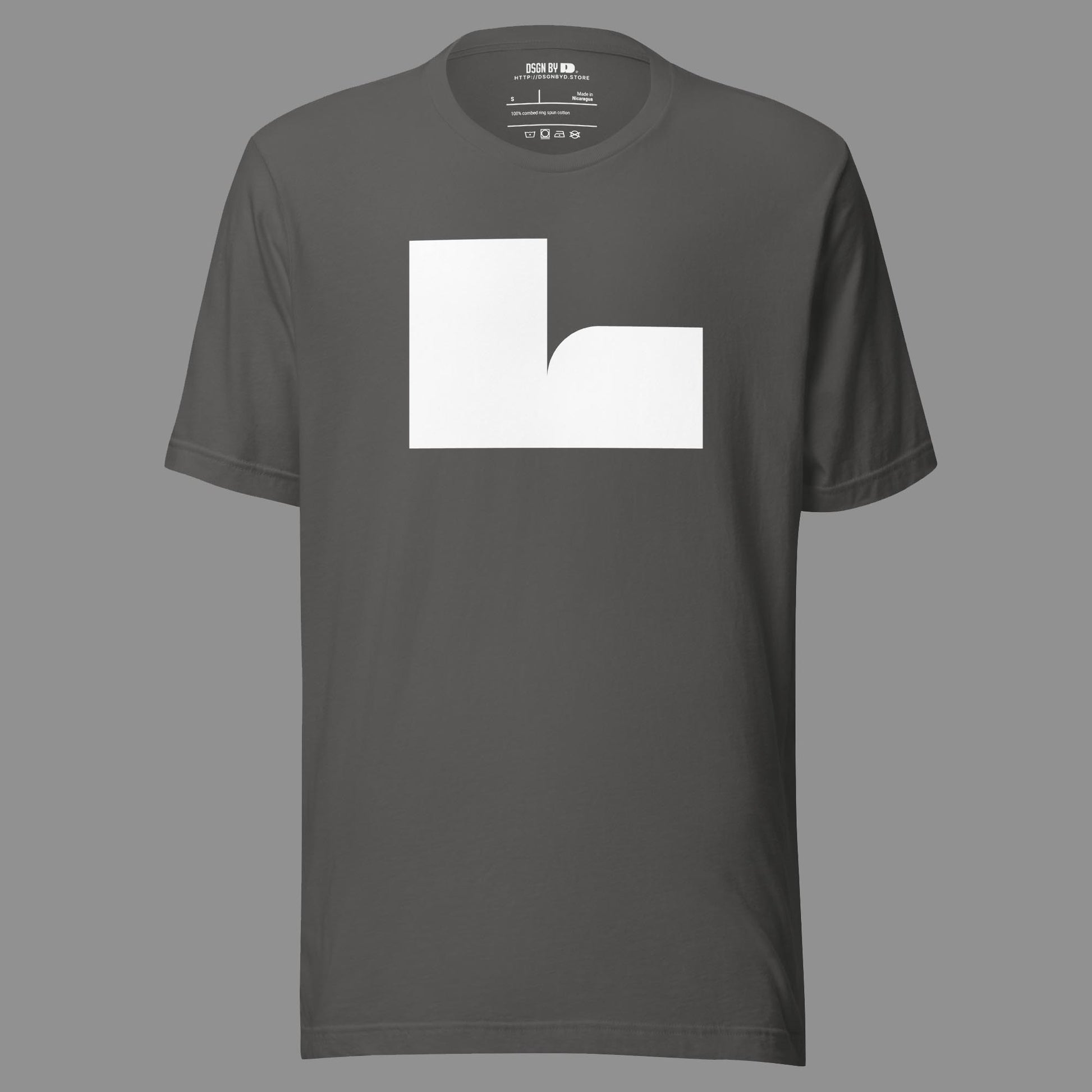 A grey cotton unisex graphic tee with letter L.