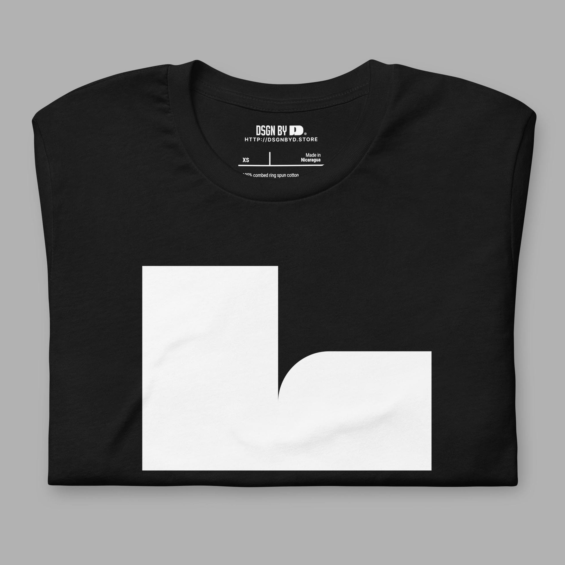 A folded black cotton unisex graphic tee with letter L.