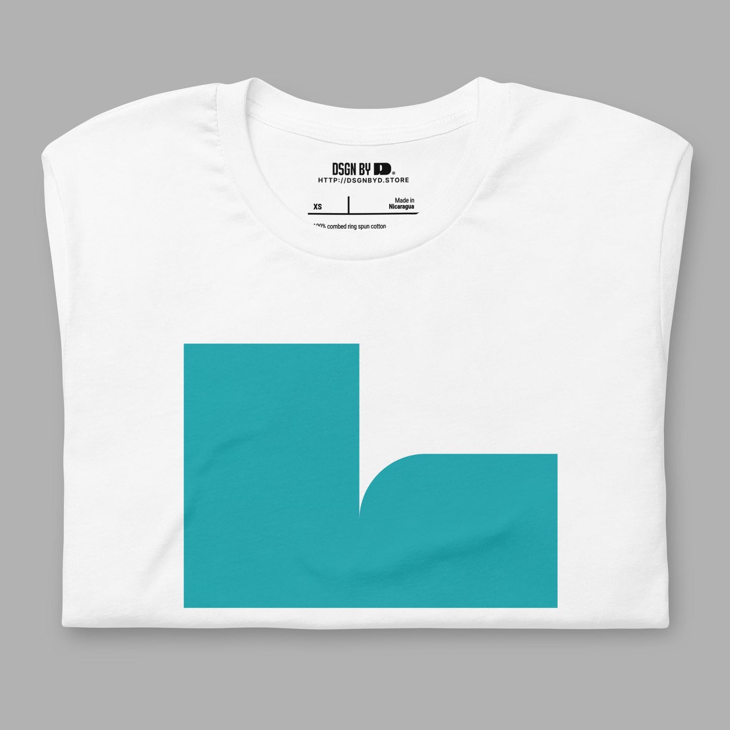 A folded white cotton unisex graphic tee with letter L.