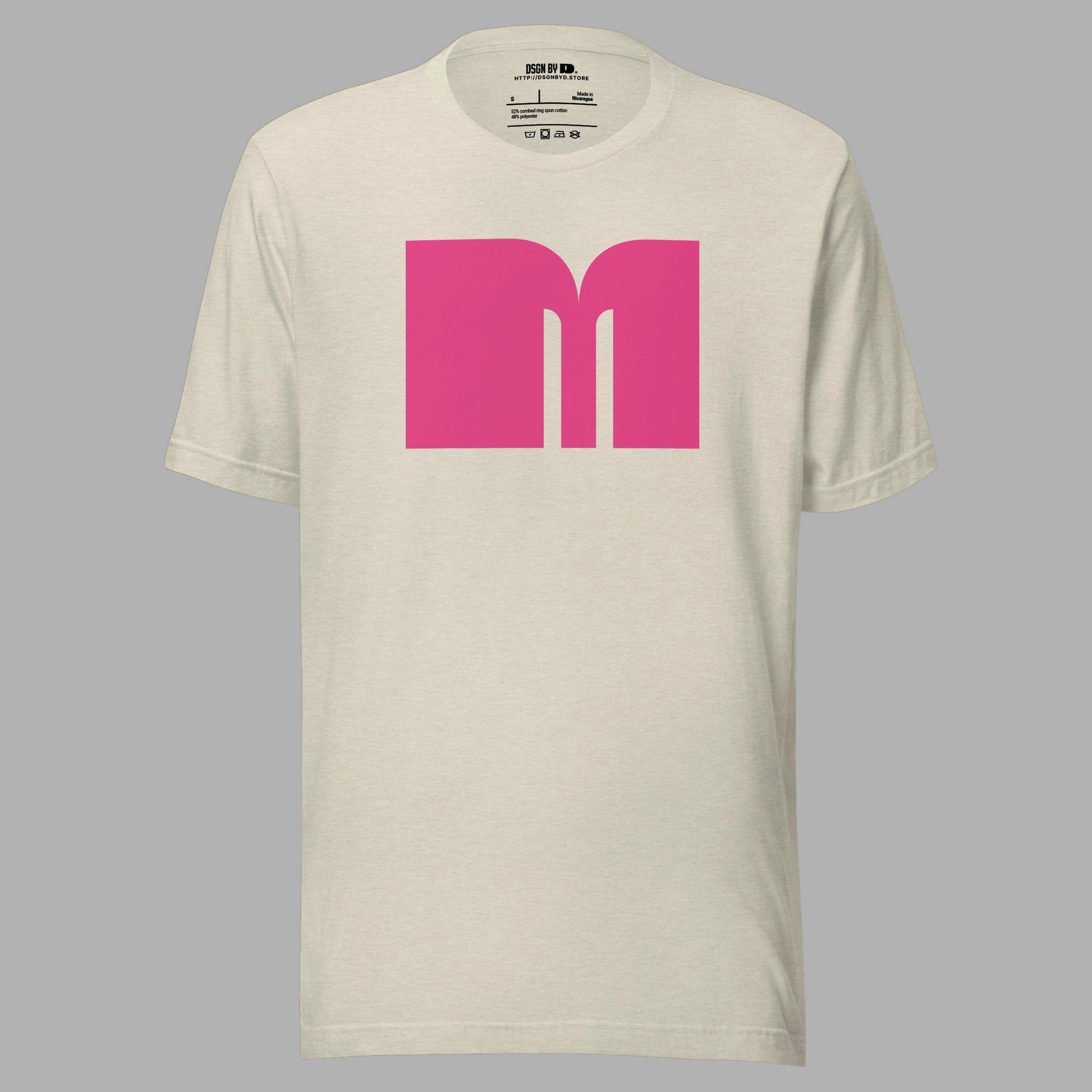 A beige cotton unisex graphic tee with letter M.