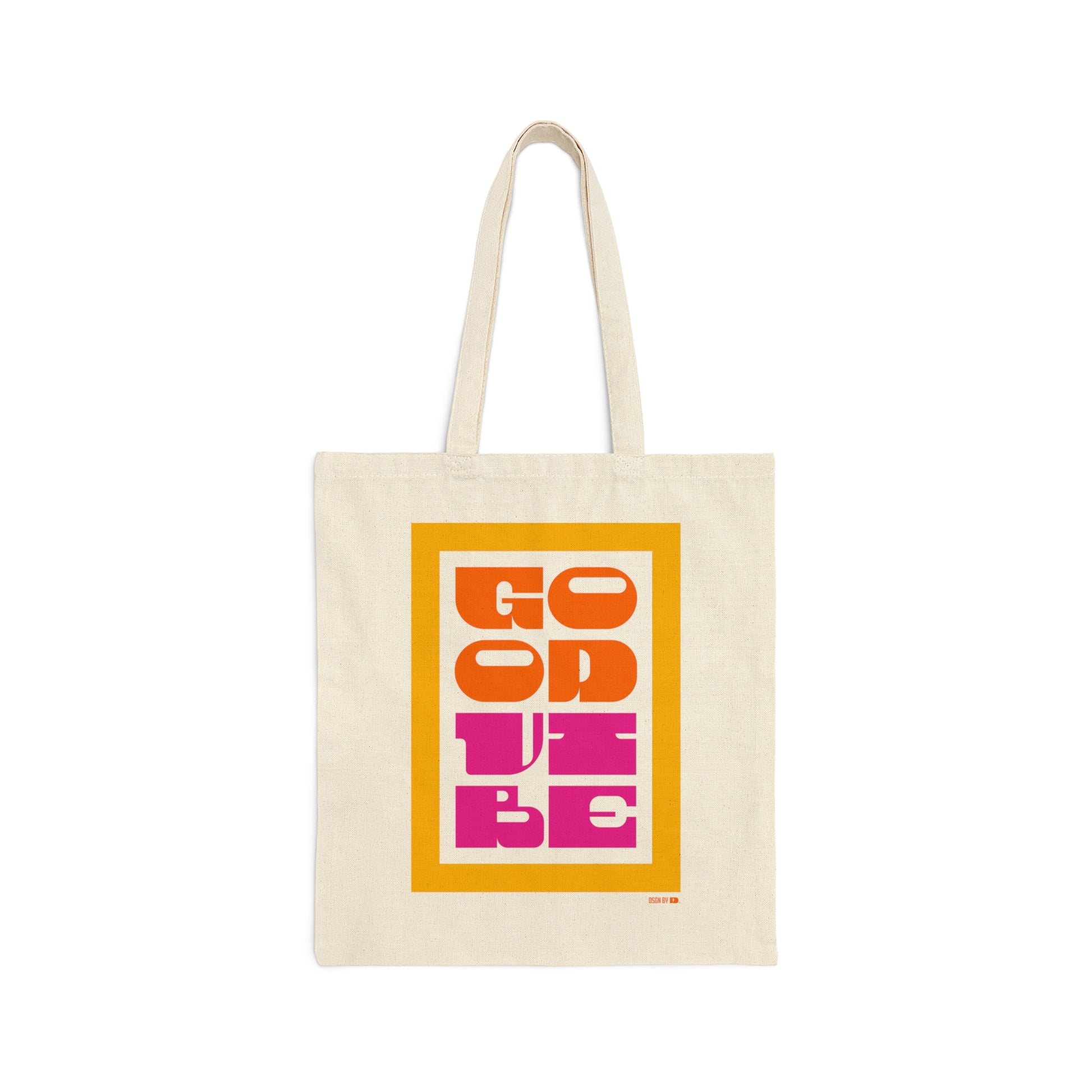 Cotton canvas tote bag with yellow, orange, and pink type saying "Good Vibe."