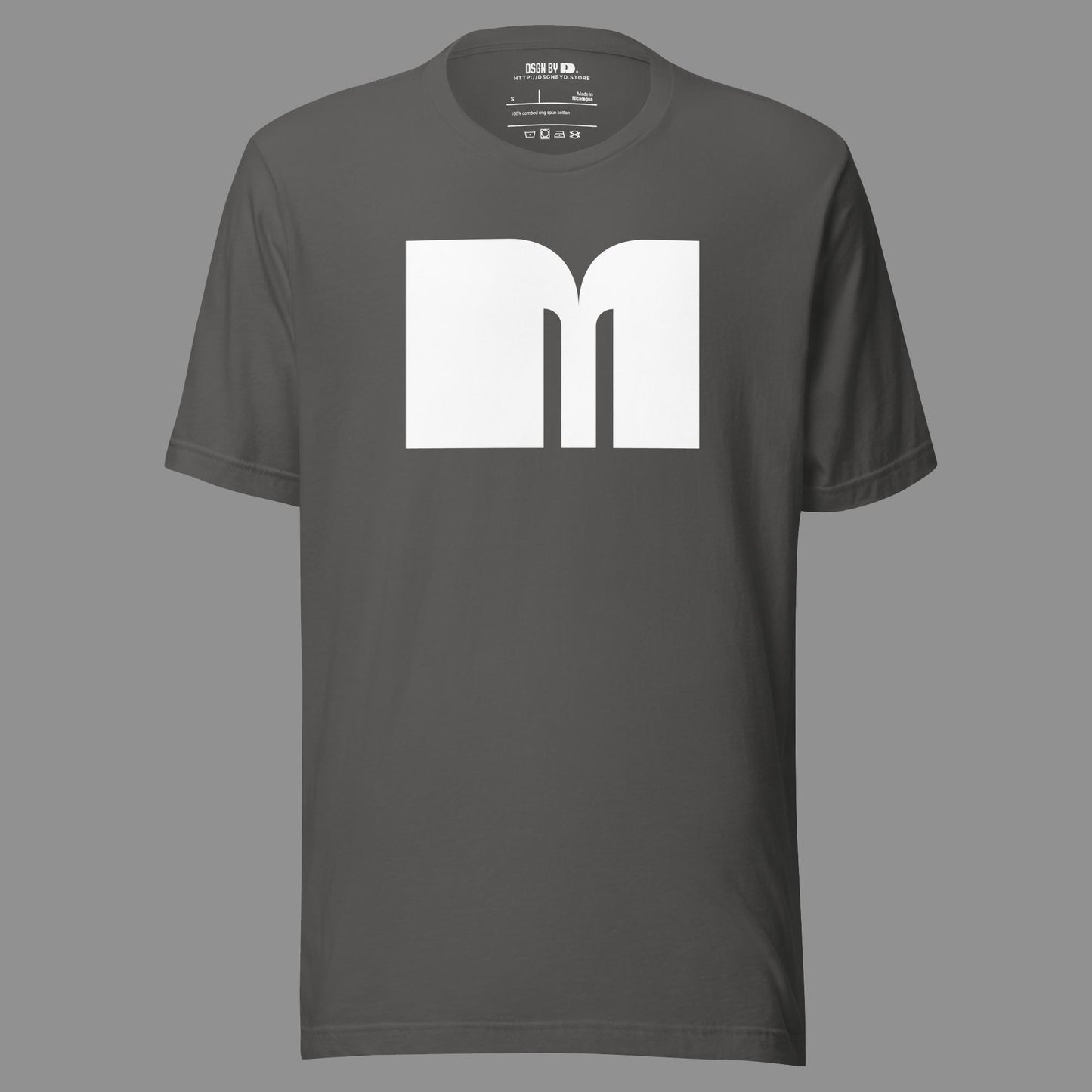 A grey cotton unisex graphic tee with letter M.