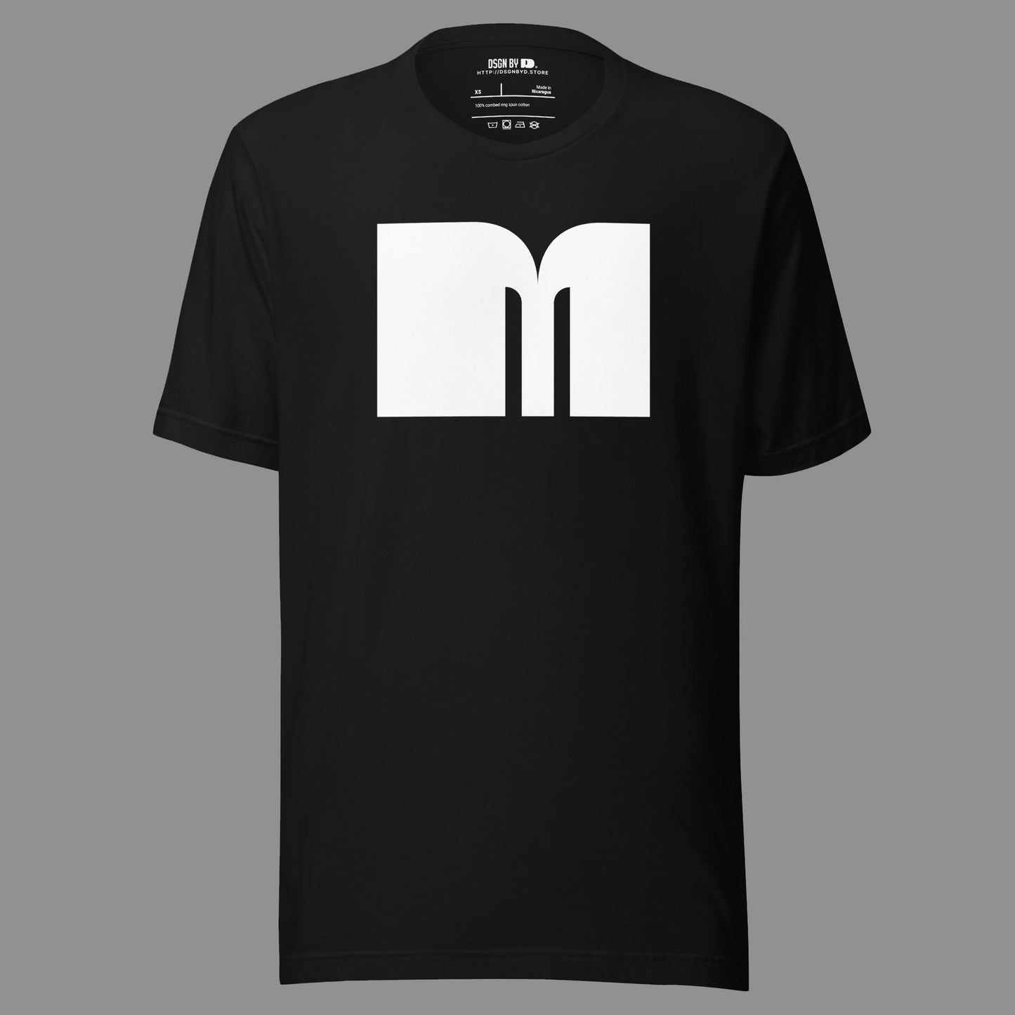 A black cotton unisex graphic tee with letter M.