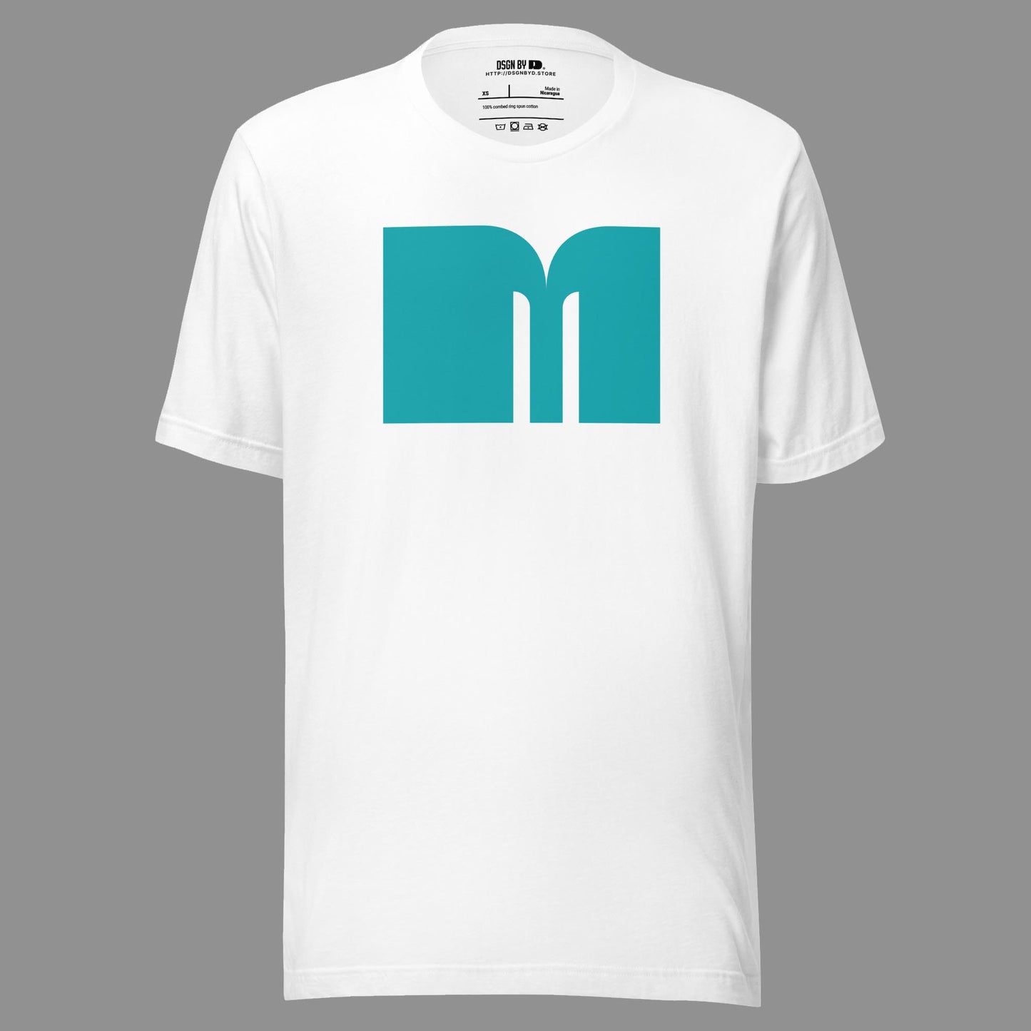 A white cotton unisex graphic tee with letter M.
