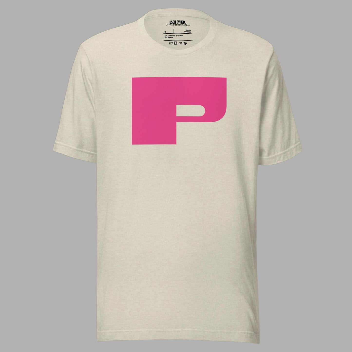 A beige cotton unisex graphic tee with letter P.