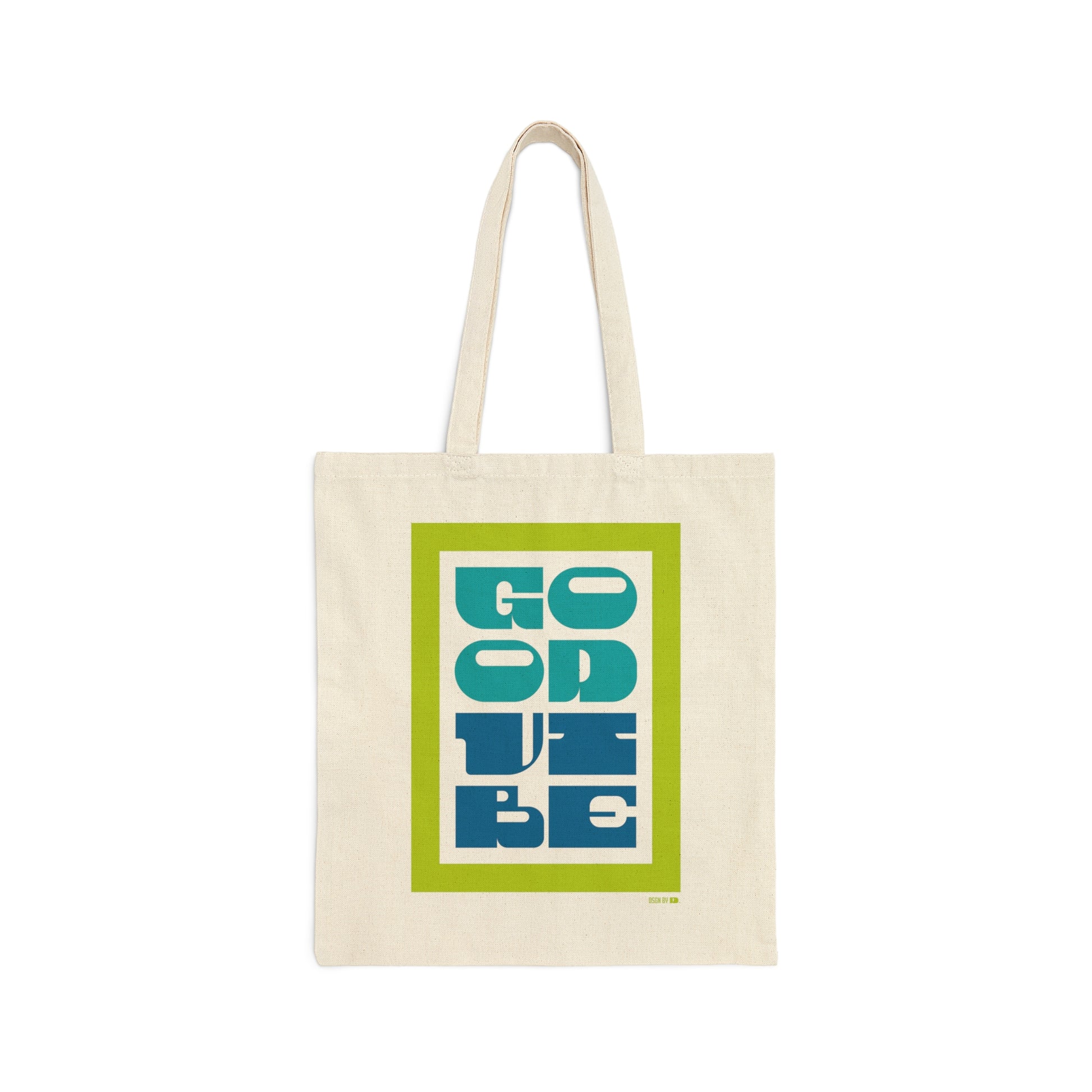Cotton canvas tote bag with green, teal, and blue type saying "Good Vibe."