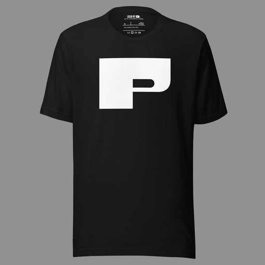 A black cotton unisex graphic tee with letter P.