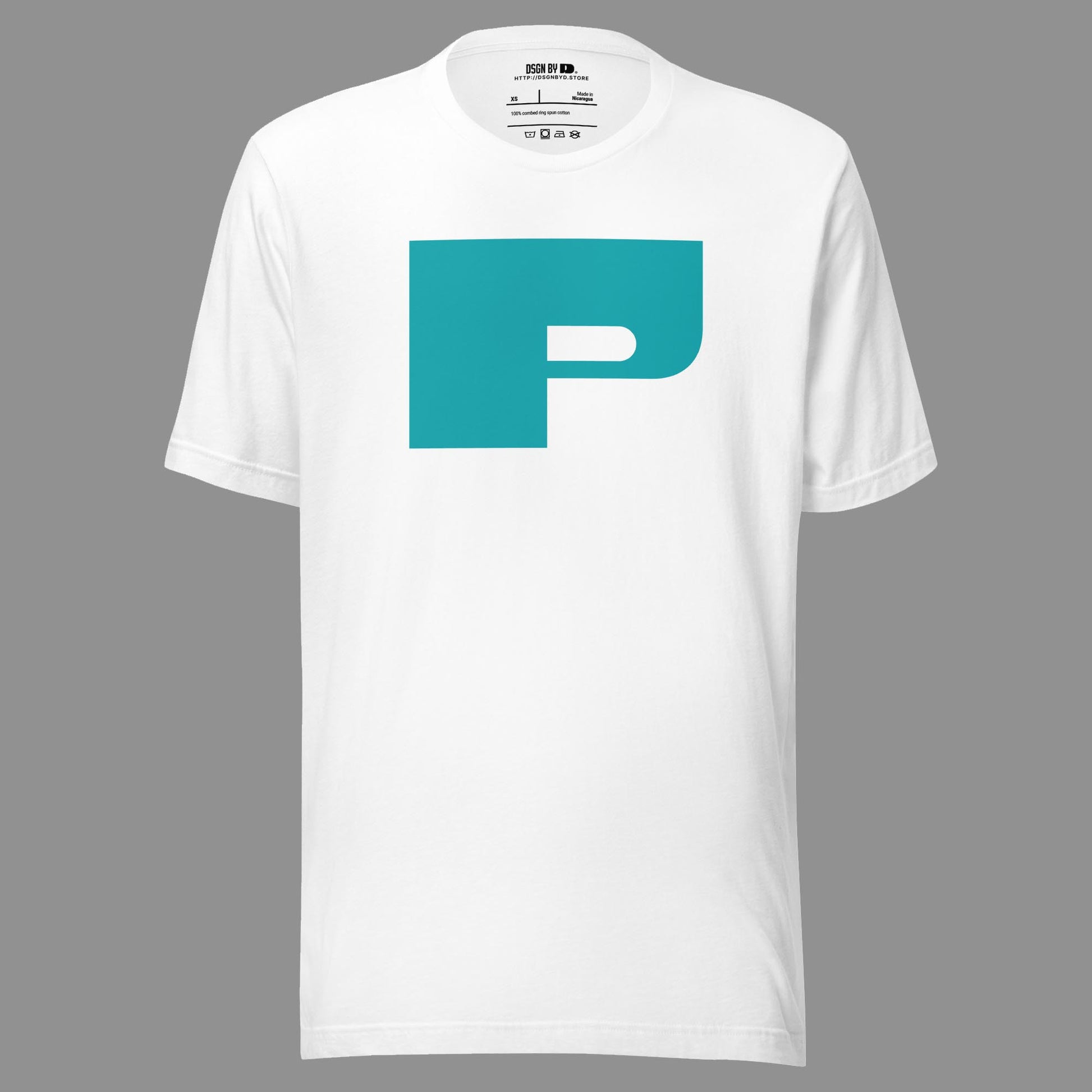 A white cotton unisex graphic tee with letter P.