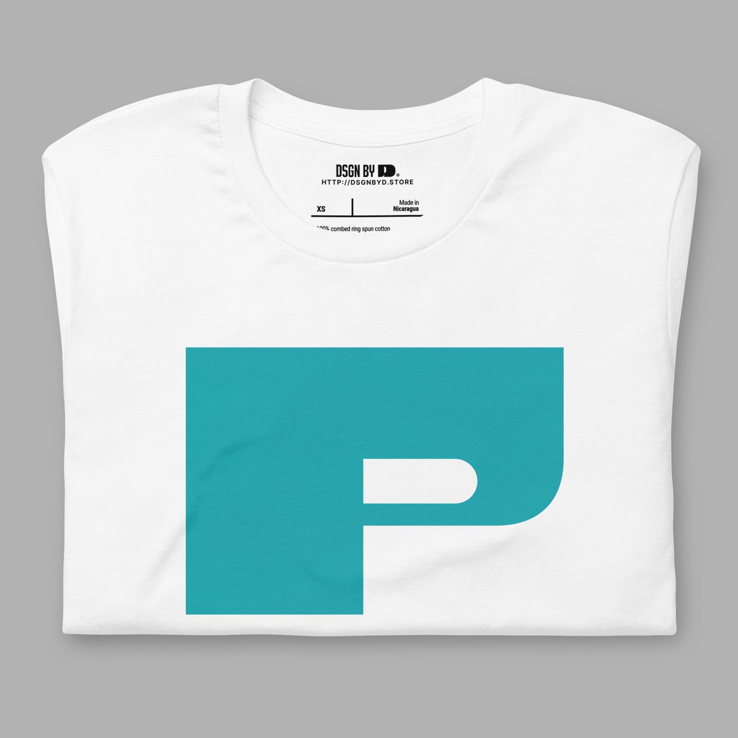 A folded white cotton unisex graphic tee with letter P.