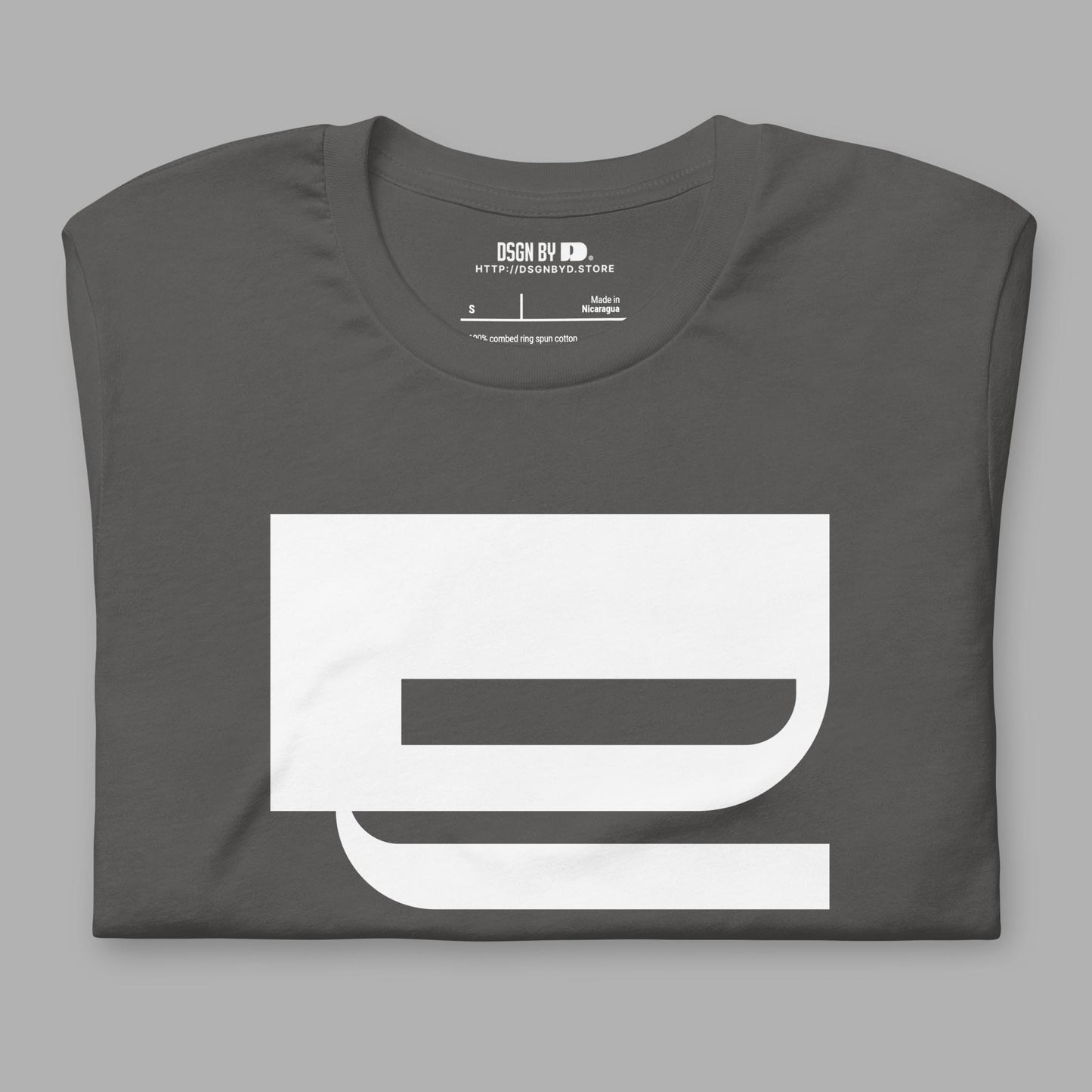 A folded grey cotton unisex graphic tee with letter Q.