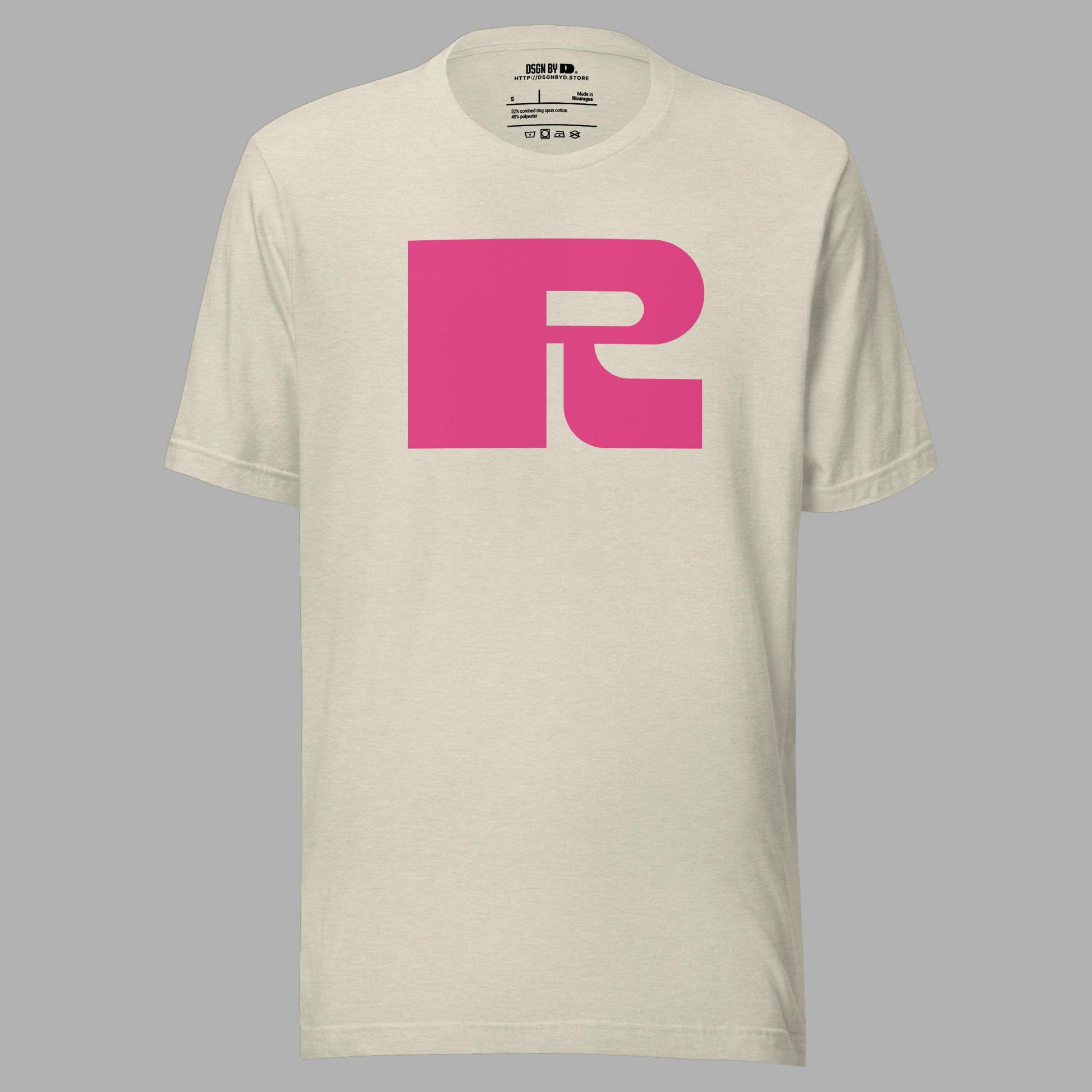 A beige cotton unisex graphic tee with letter R.