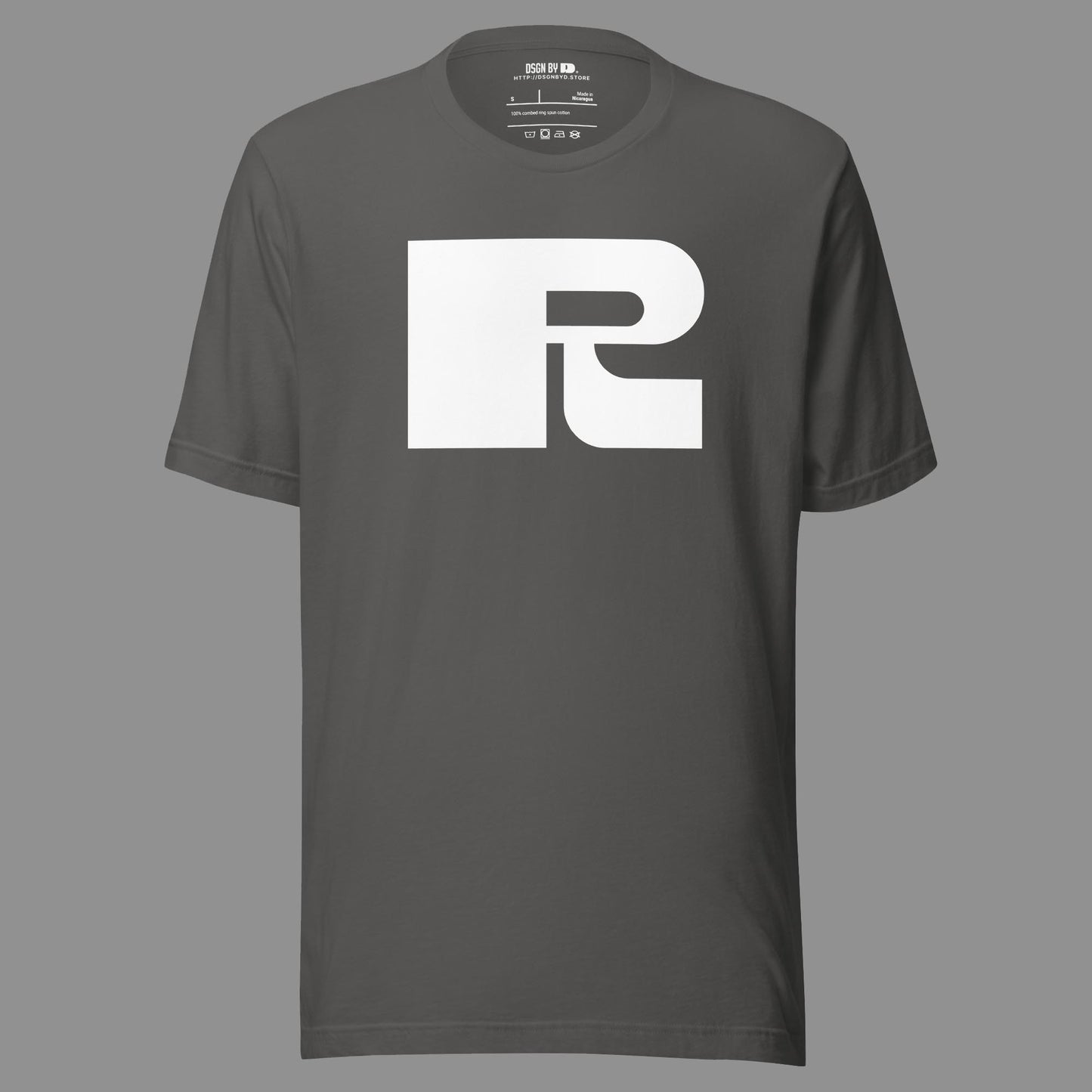 A grey cotton unisex graphic tee with letter R.