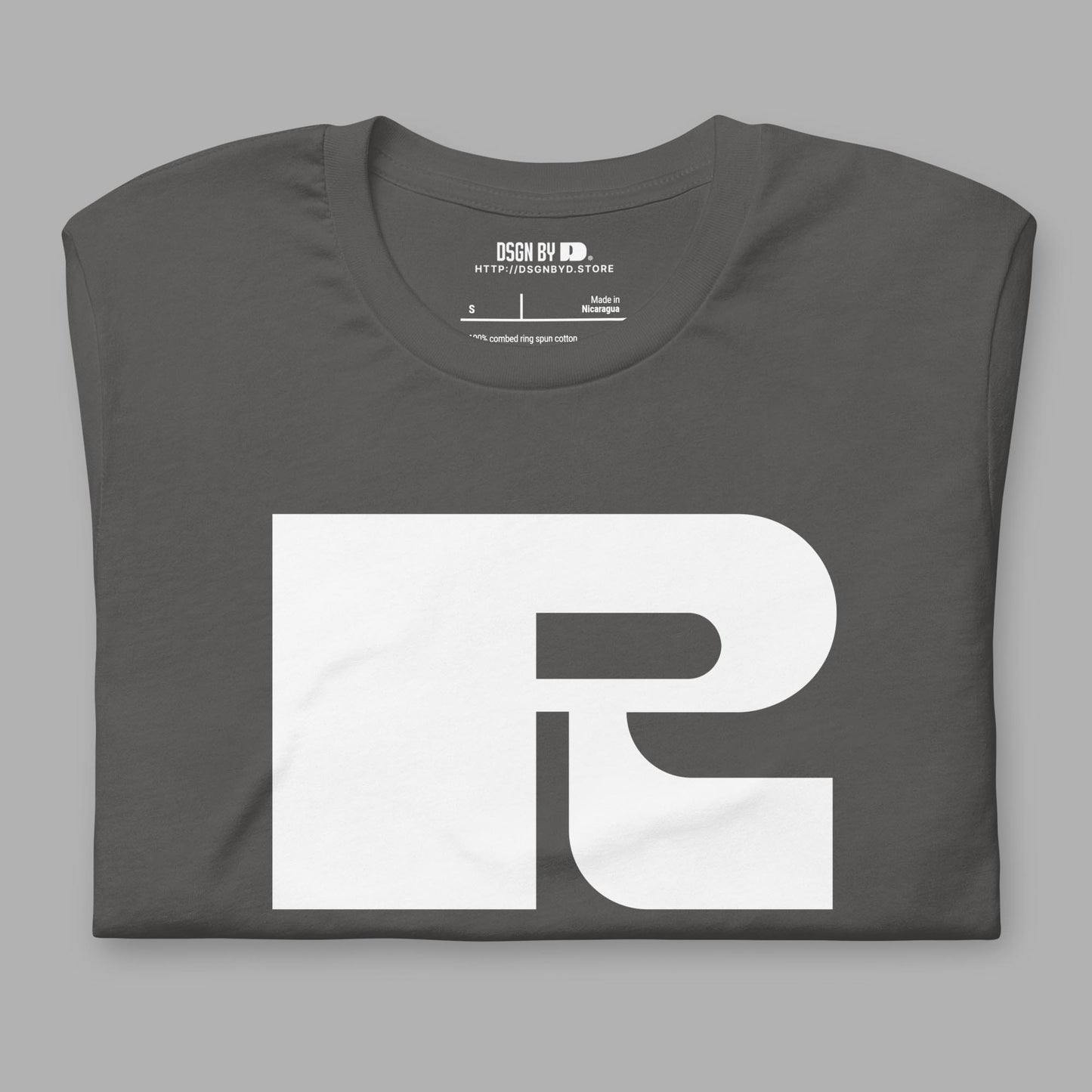 A folded grey cotton unisex graphic tee with letter R.