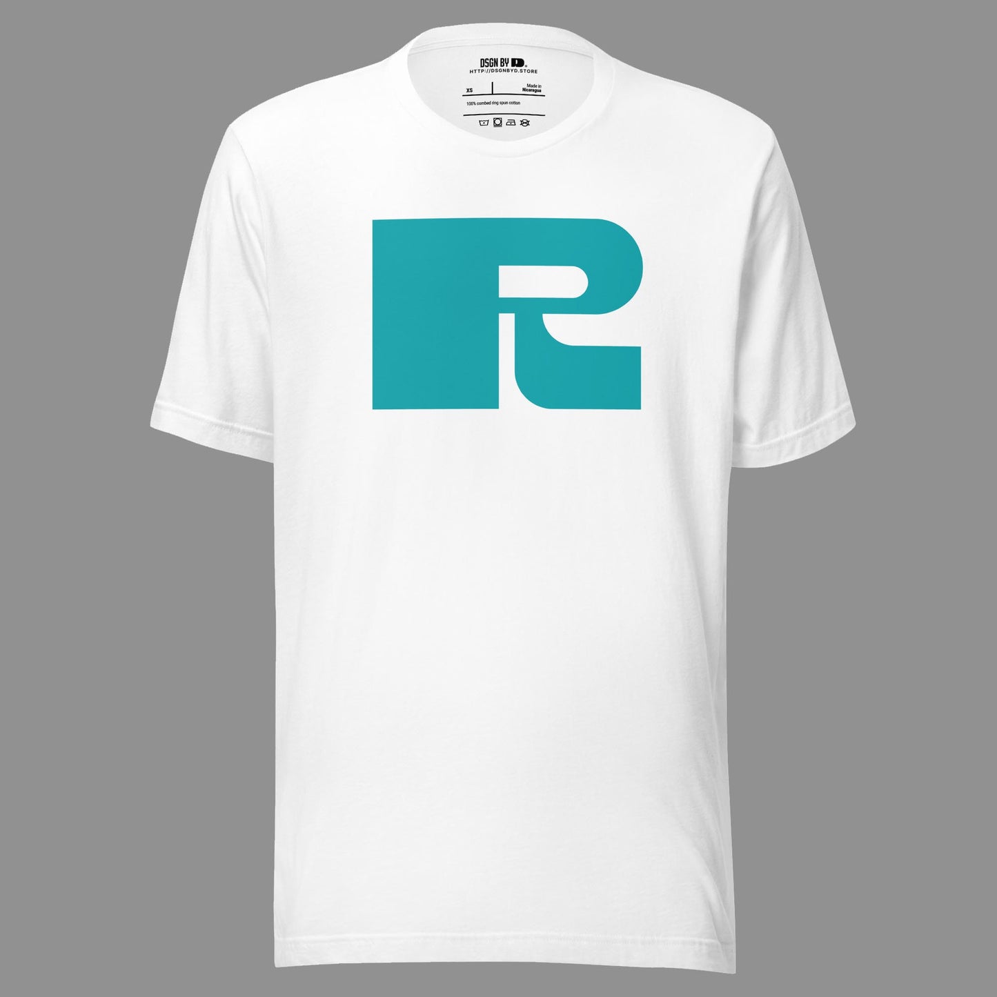 A white cotton unisex graphic tee with letter R.