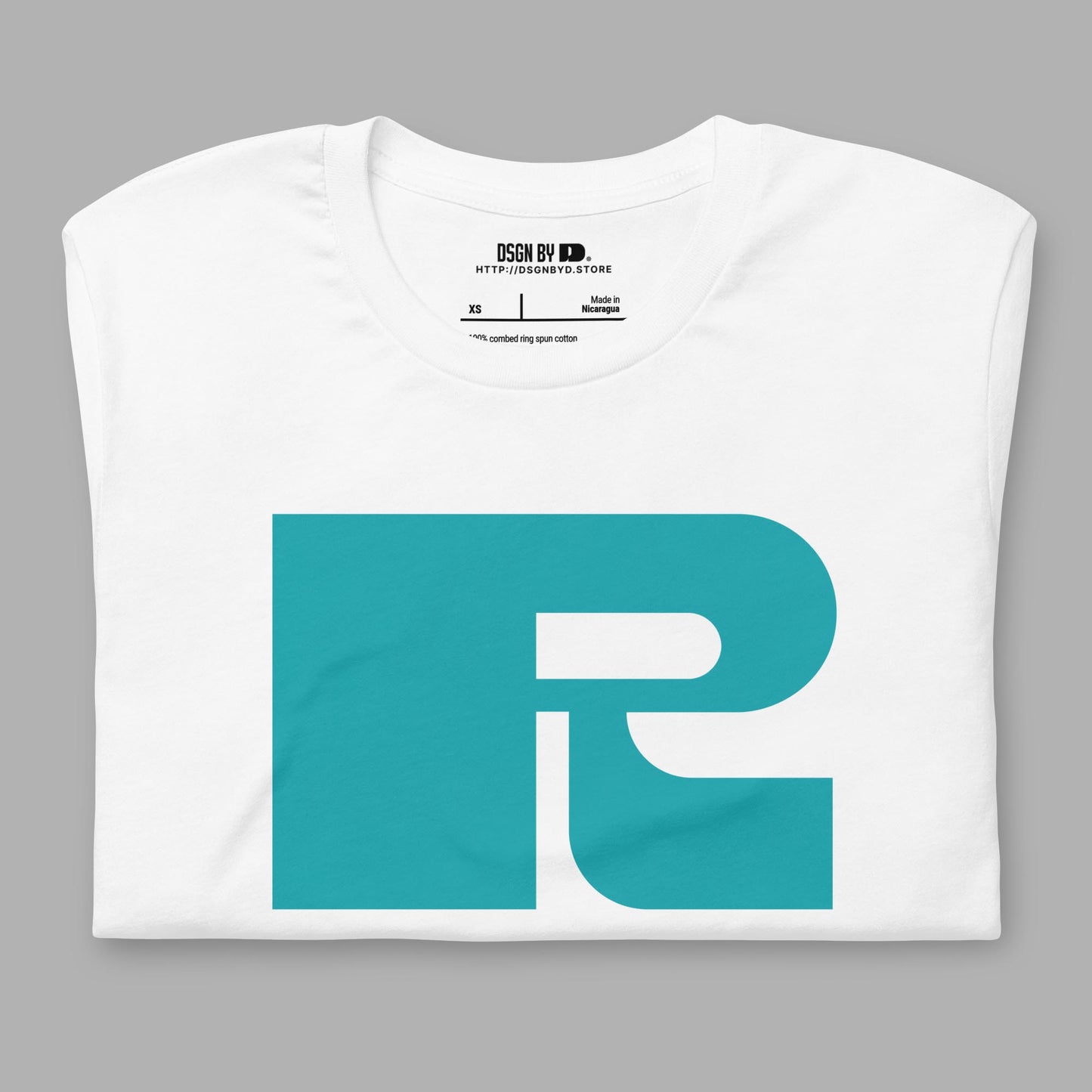 A folded white cotton unisex graphic tee with letter R.