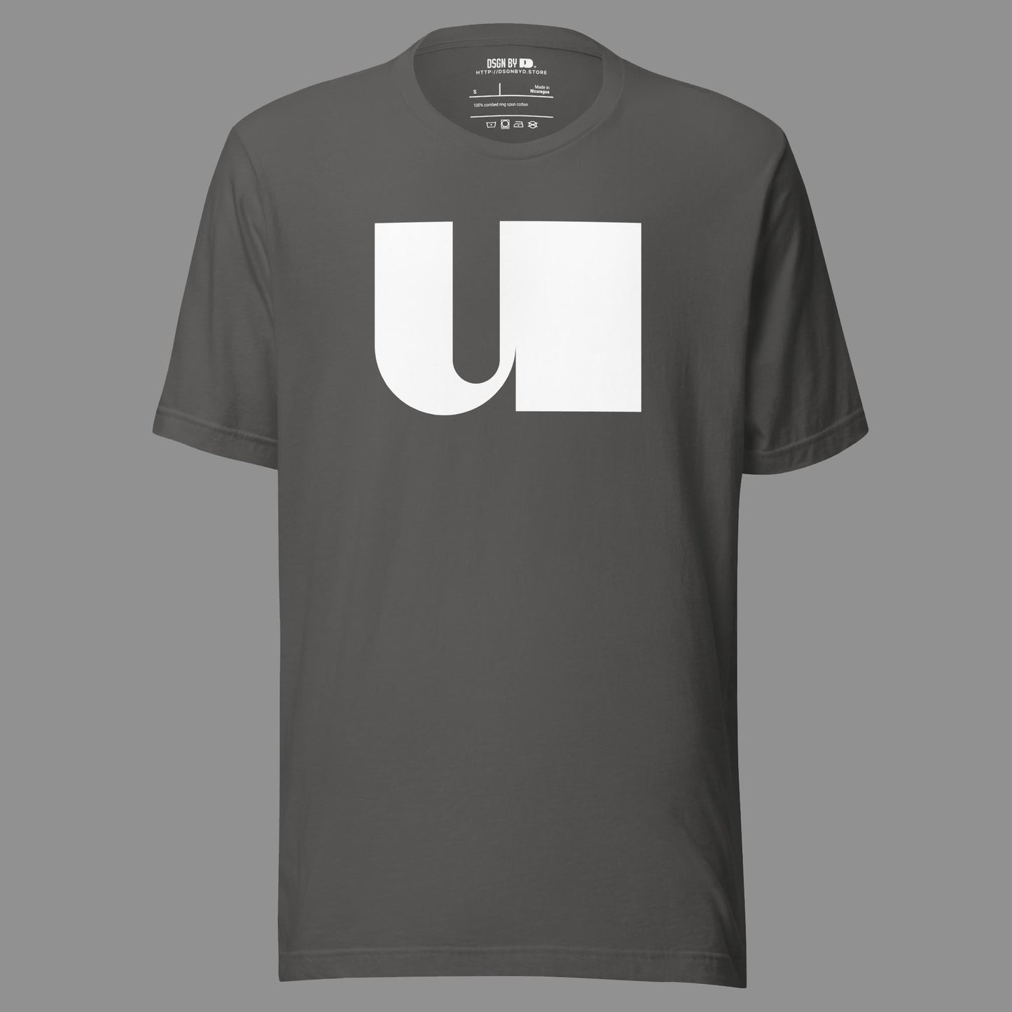 A grey cotton unisex graphic tee with letter U.
