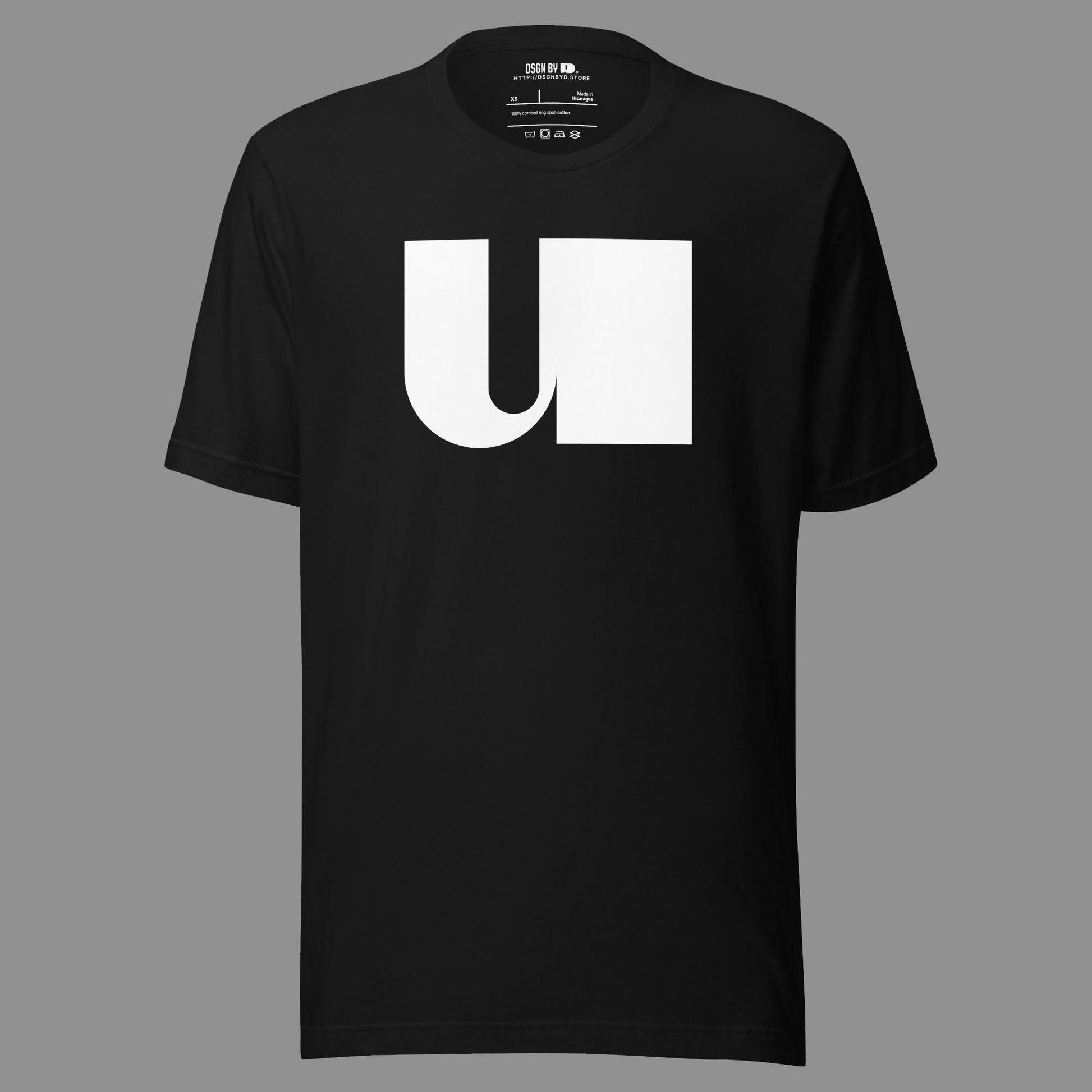 A black cotton unisex graphic tee with letter U.