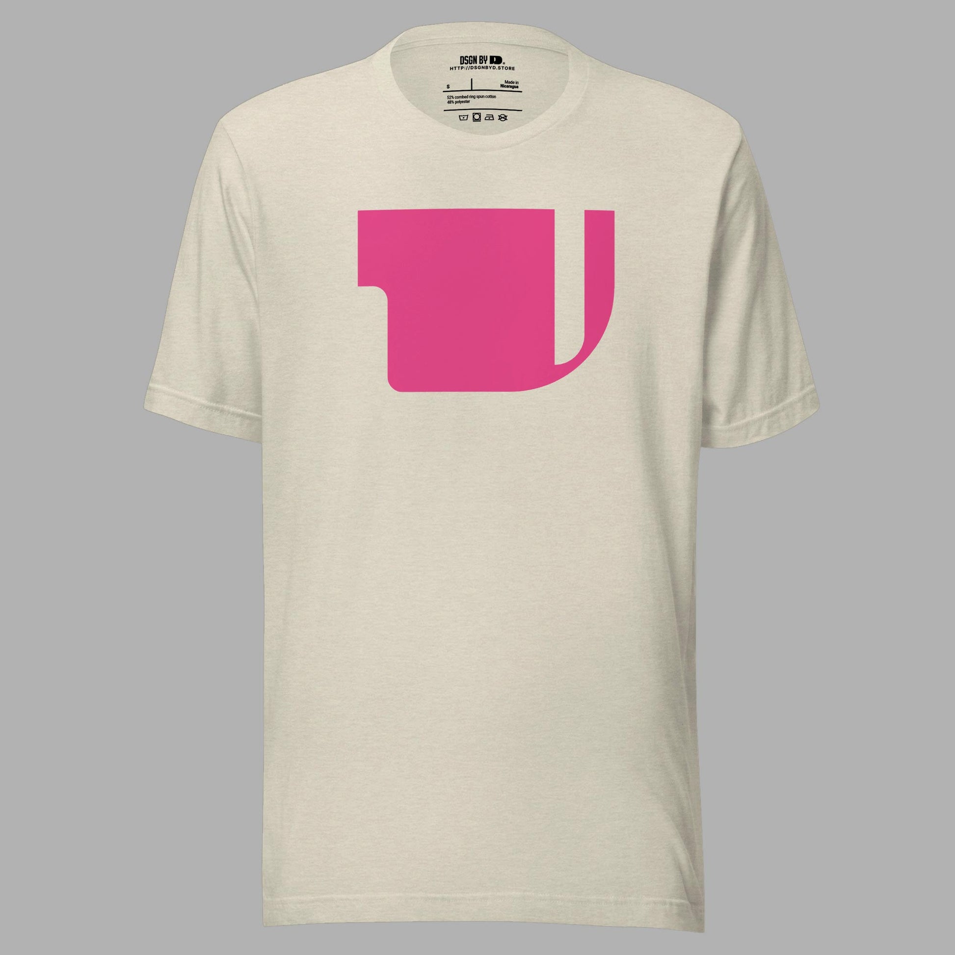 A beige cotton unisex graphic tee with letter V.
