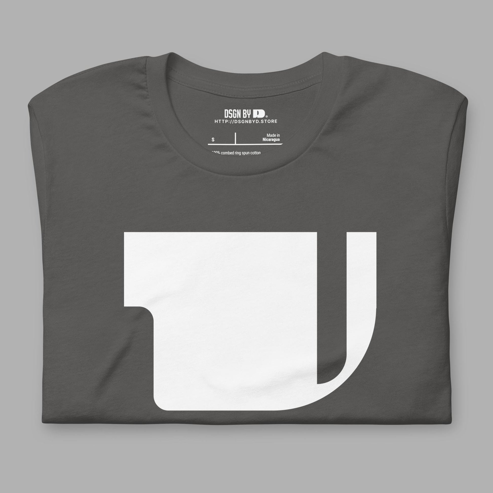 A folded grey cotton unisex graphic tee with letter V.