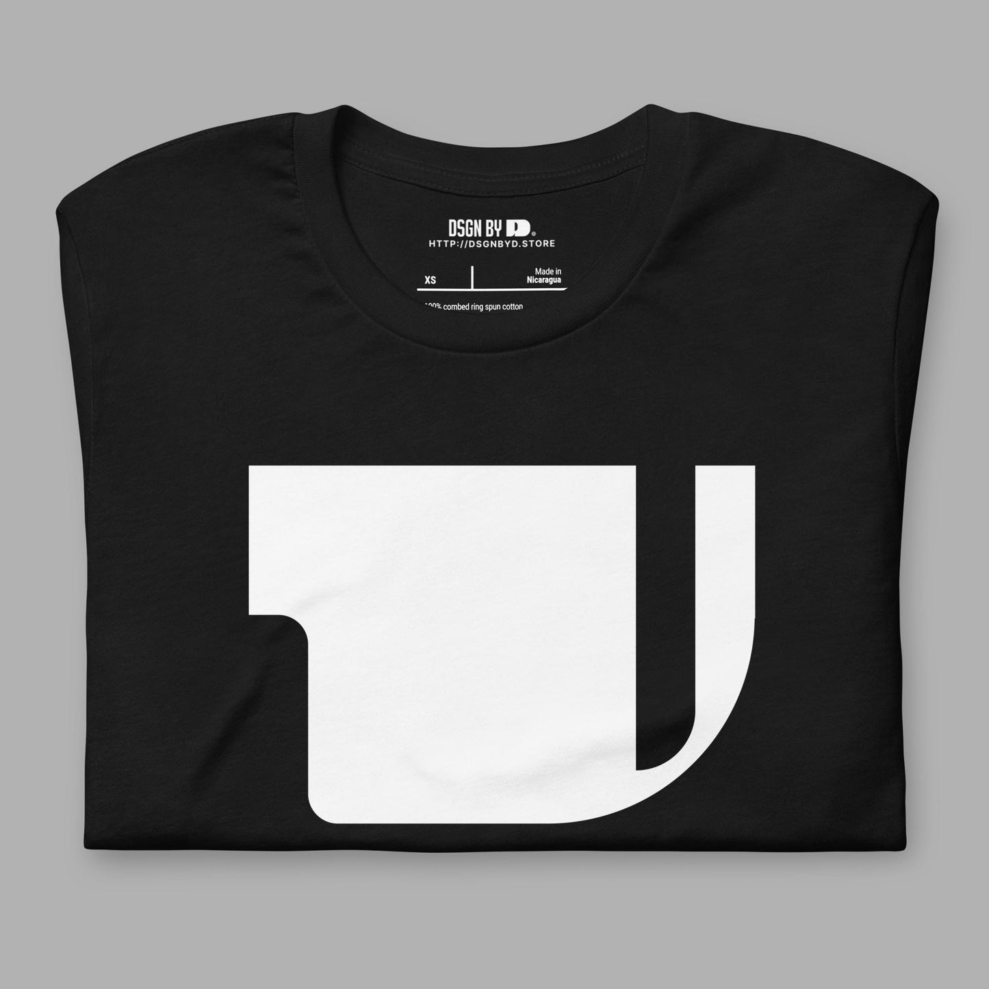 A folded black cotton unisex graphic tee with letter V.