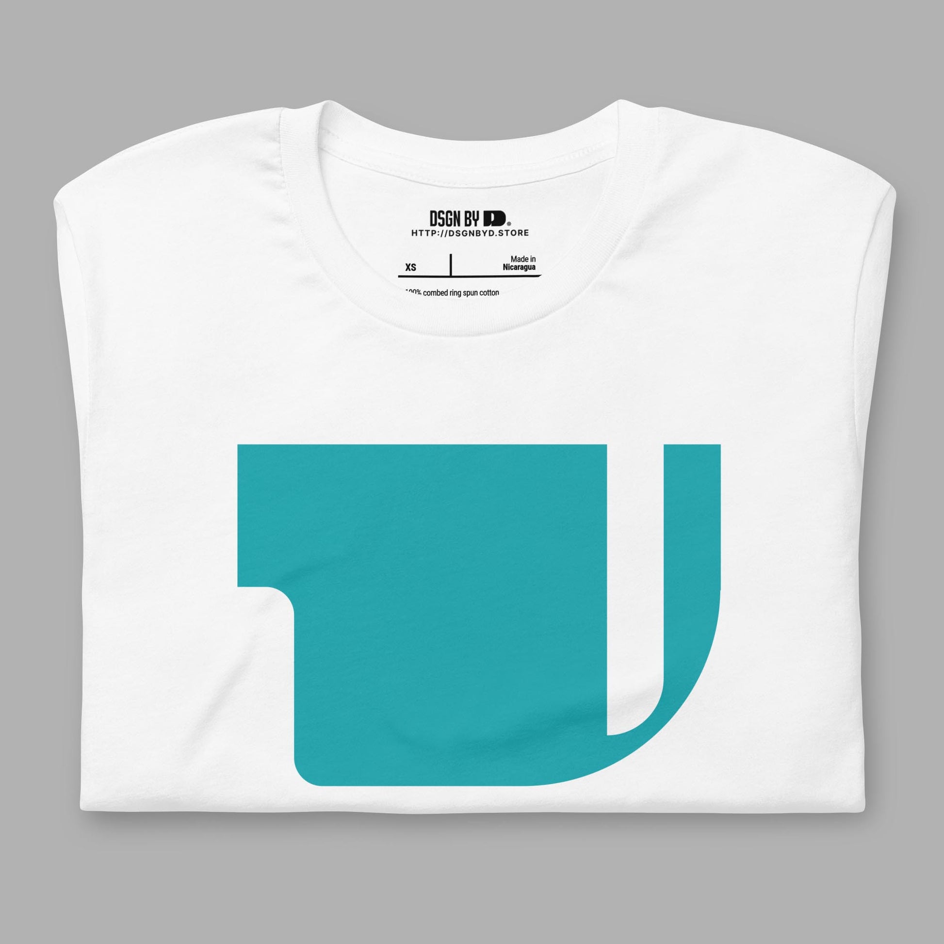 A folded white cotton unisex graphic tee with letter V.
