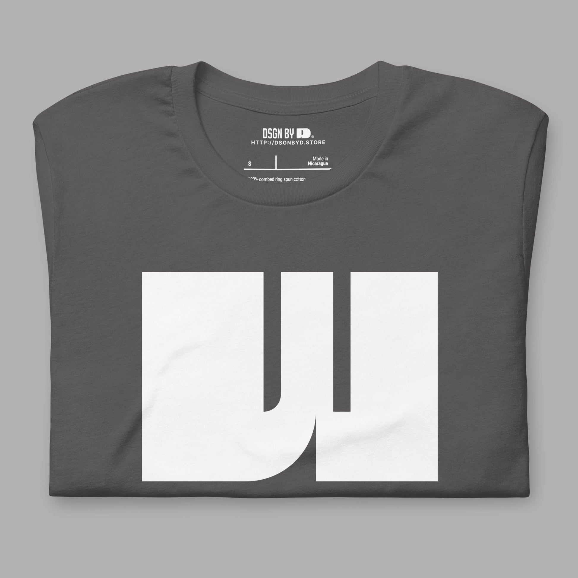 A folded grey cotton unisex graphic tee with letter W.