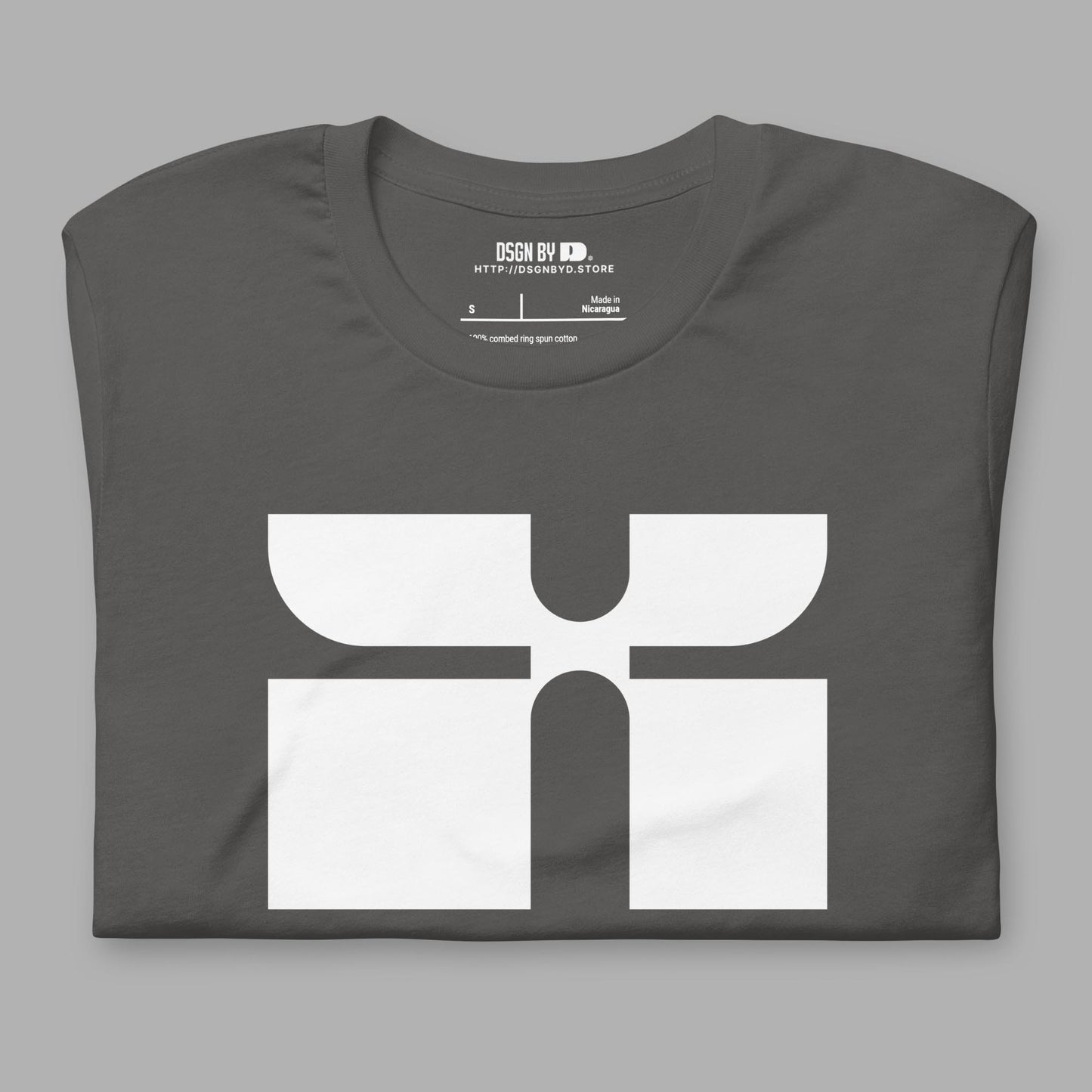 A folded grey cotton unisex graphic tee with letter X.