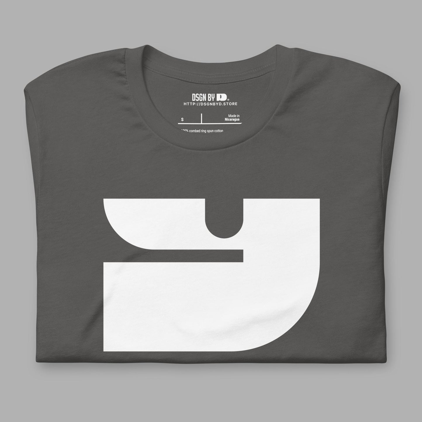 A folded grey cotton unisex graphic tee with letter Y.