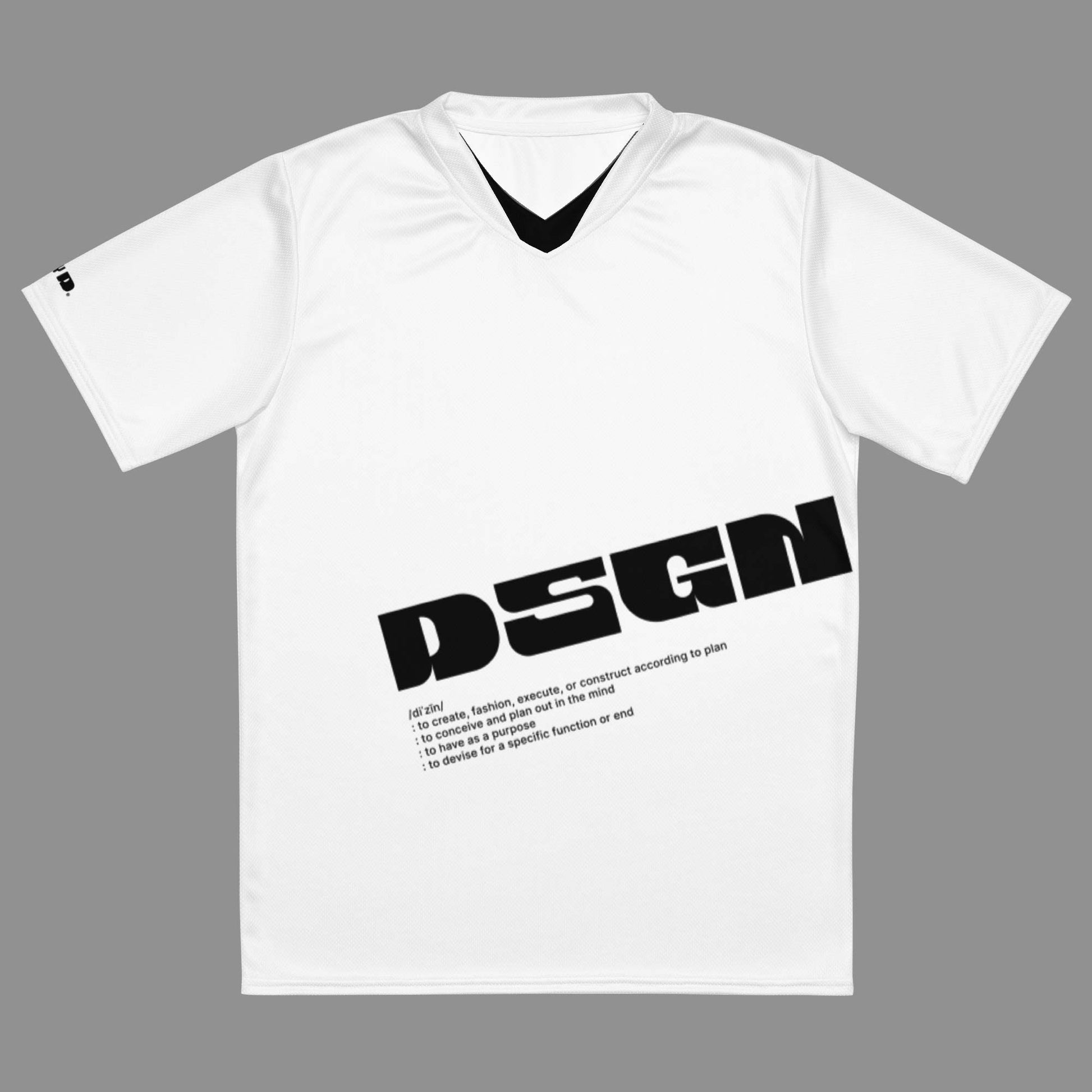 White sports jersey with "DSGN" printed on the jersey. 